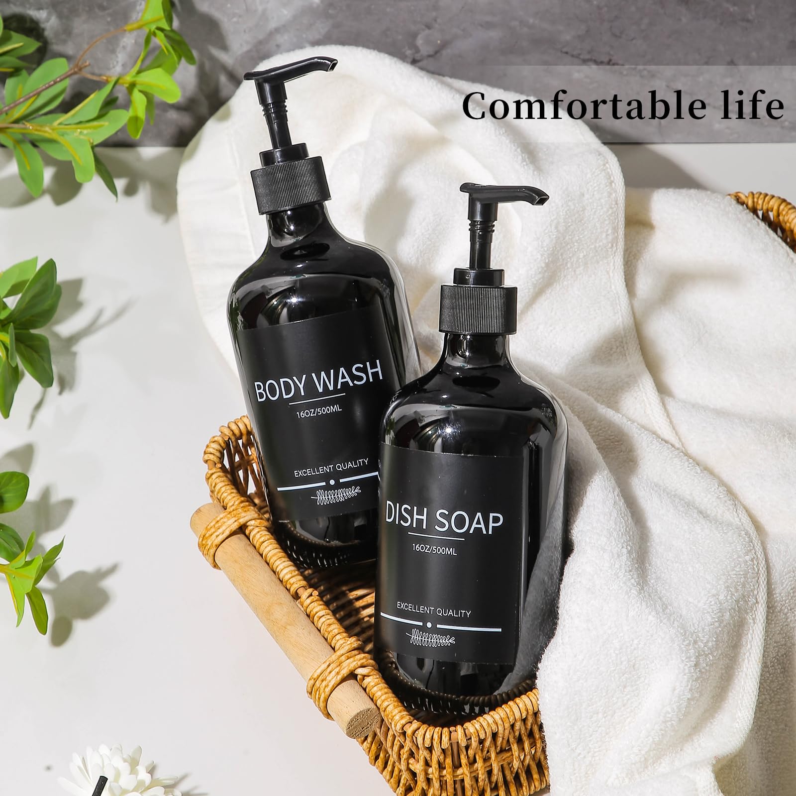 Mithrgrous (5Pack) Black Shower Bottles Refillable With Labels, 16.9Oz Reusable Shampoo And Conditioner Bottles,Shampoo Dispense