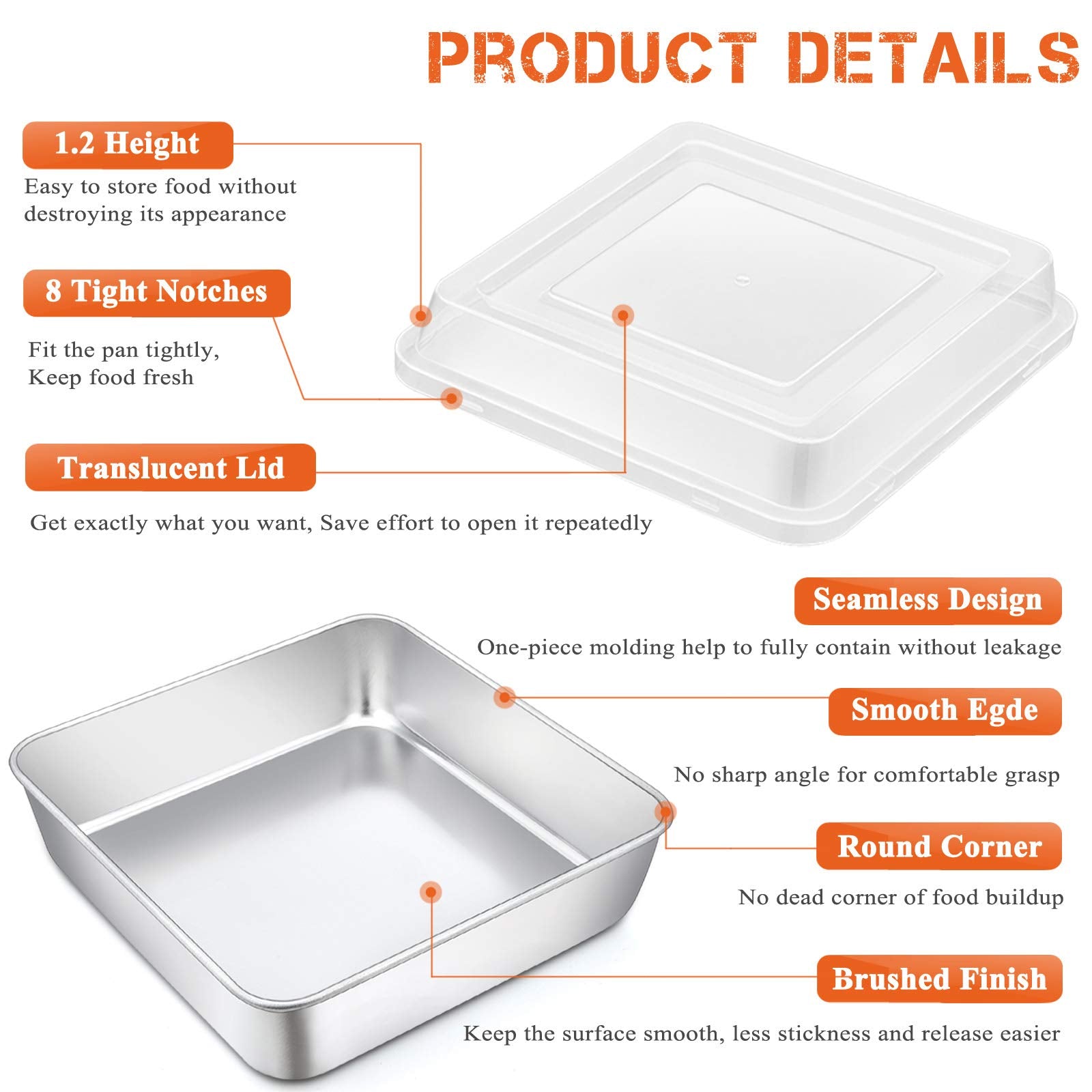 P&P Chef 8 Inch Square Baking Cake Pan With Lid, Stainless Steel Lasagna Brownie Pan And Plastic Cover For Picnic Wedding Birthd