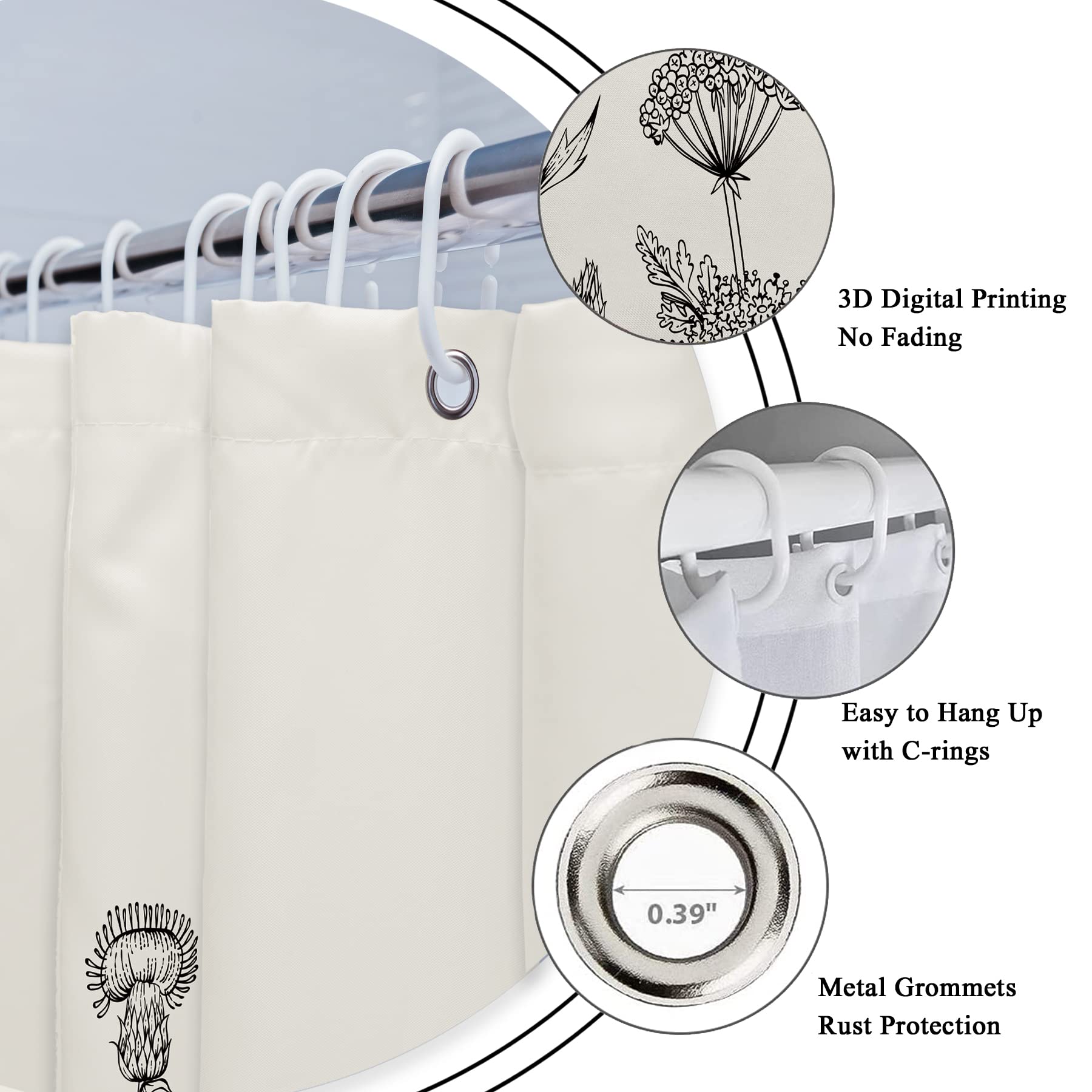 Riyidecor Wild Floral Shower Curtain Botanical Flower Plant Herbs Tulip Nature Blossom Wildflower Leaf Sketch Waterproof Fabric 72Wx72H Inch Polyester Bathroom Bathtub Decoration 12 Pack Plastic Hooks