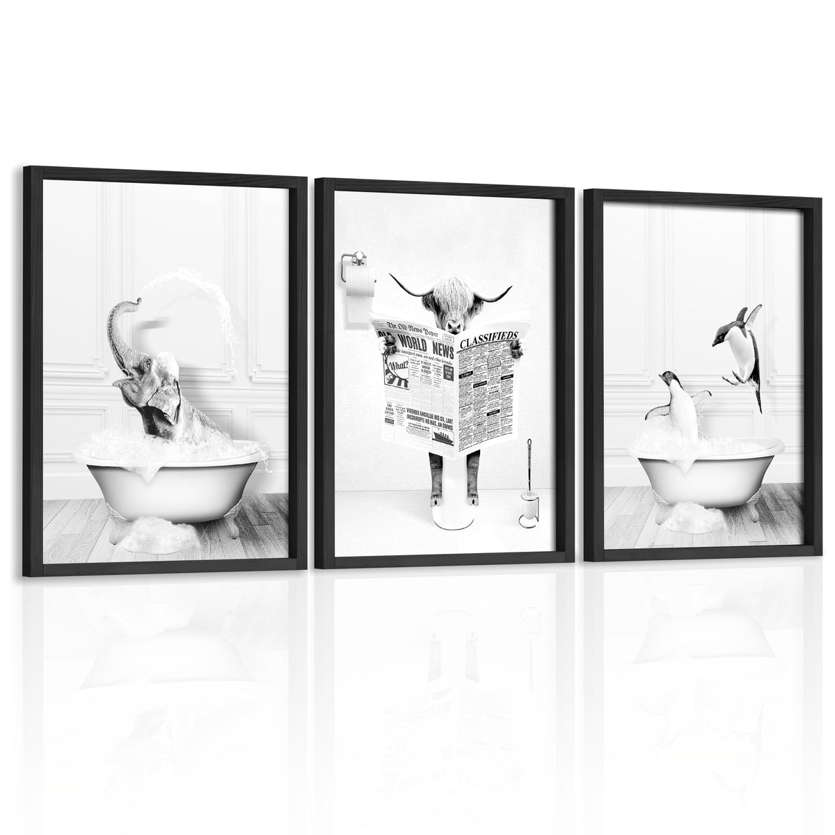 Heiple Framed Bathroom Wall Art Set Of 3 Funny Animals - Penguin, Cow, Elephant - Farmhouse Style - Black, 11''X14''