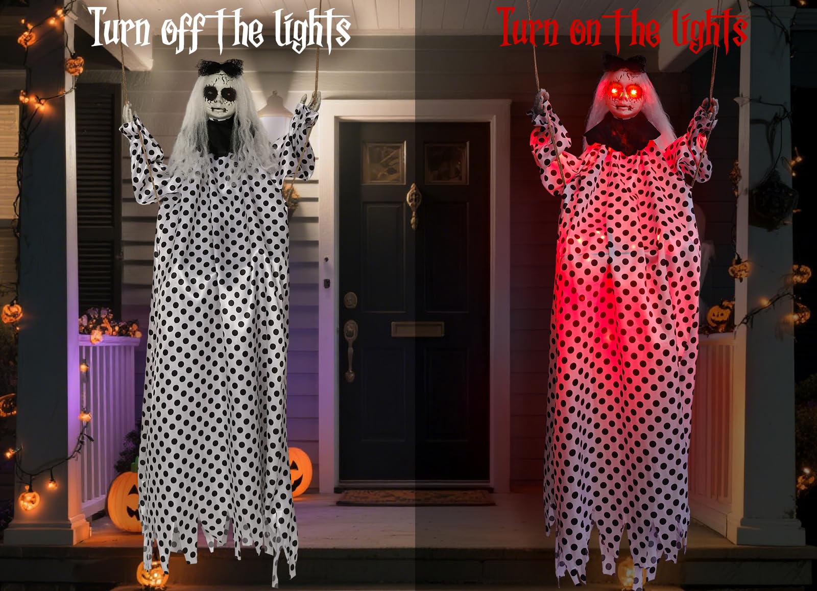 HOMELEX 50 Inch Hanging Swinging Gir White Ghosts Halloween Light-Up LED Eyes Prop Indoor and Outdoor Decoration