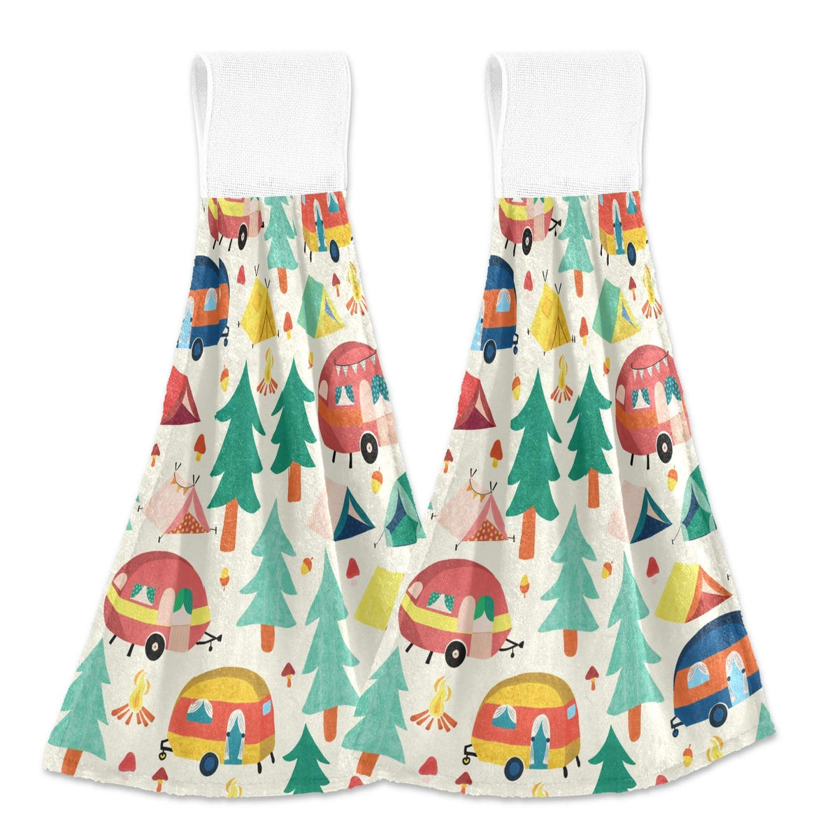 Bolaz Happy Camper Caravan And Tents In Forest Hanging Kitchen Towel Hand Towel 2 Pcs Absorbent Hanging Tie Towels For Bathroom