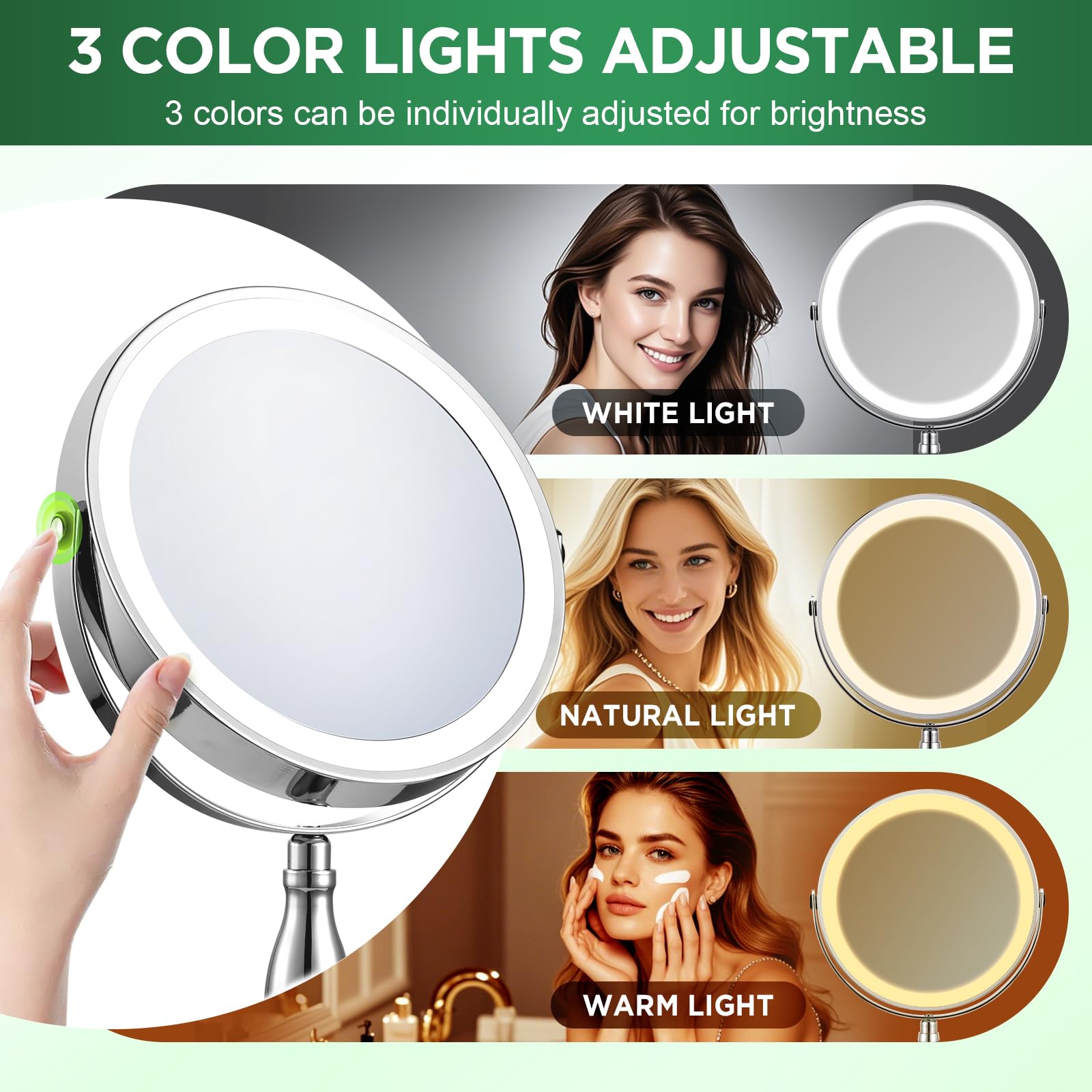 DASLAVA 30x Magnifying Mirror, Lighted Makeup Mirror with 3 Colors Modes & Adjustable Brightness, 360 Rotation Double Side, Larg