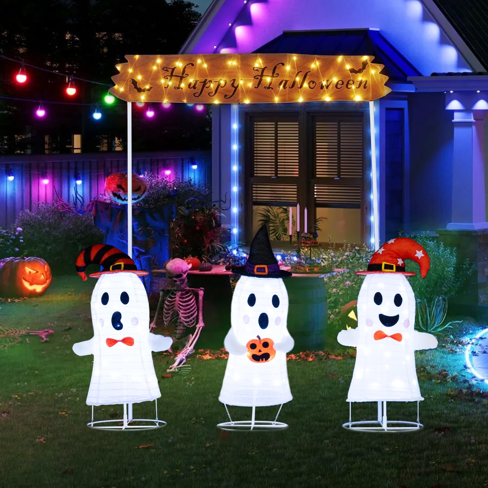Tangkula Set of 3 Lighted Halloween Decorations Outdoor/Indoor, 3 Pcs Pop up Cute Ghosts Decor with Witch Hat, Spooky Ghost Scar