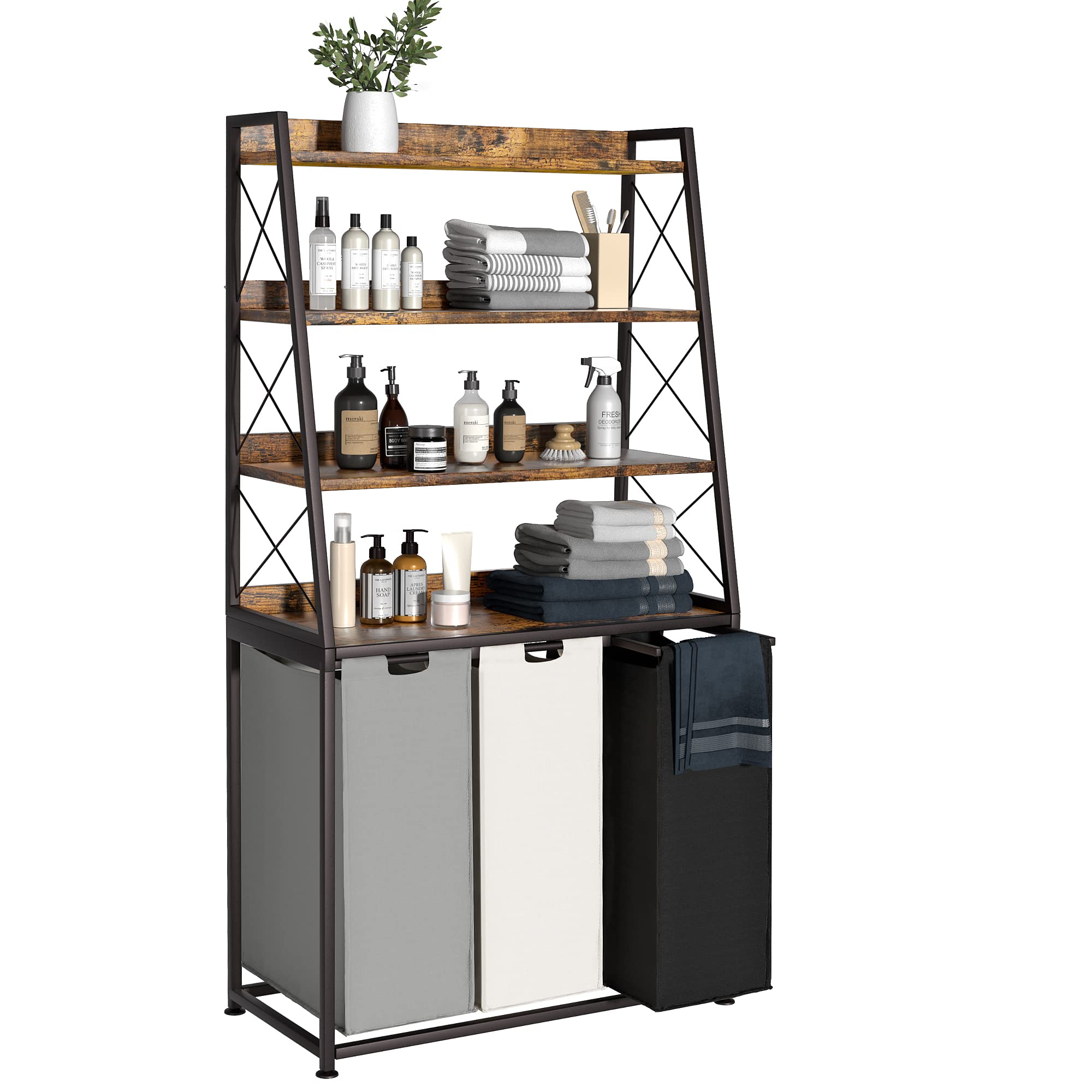 Herture Laundry Basket, 3 Section Laundry Hamper With 4 Tiers Shelf, Pull-Out And Removable Laundry Bags, Large 3 X 15.87 Gallon