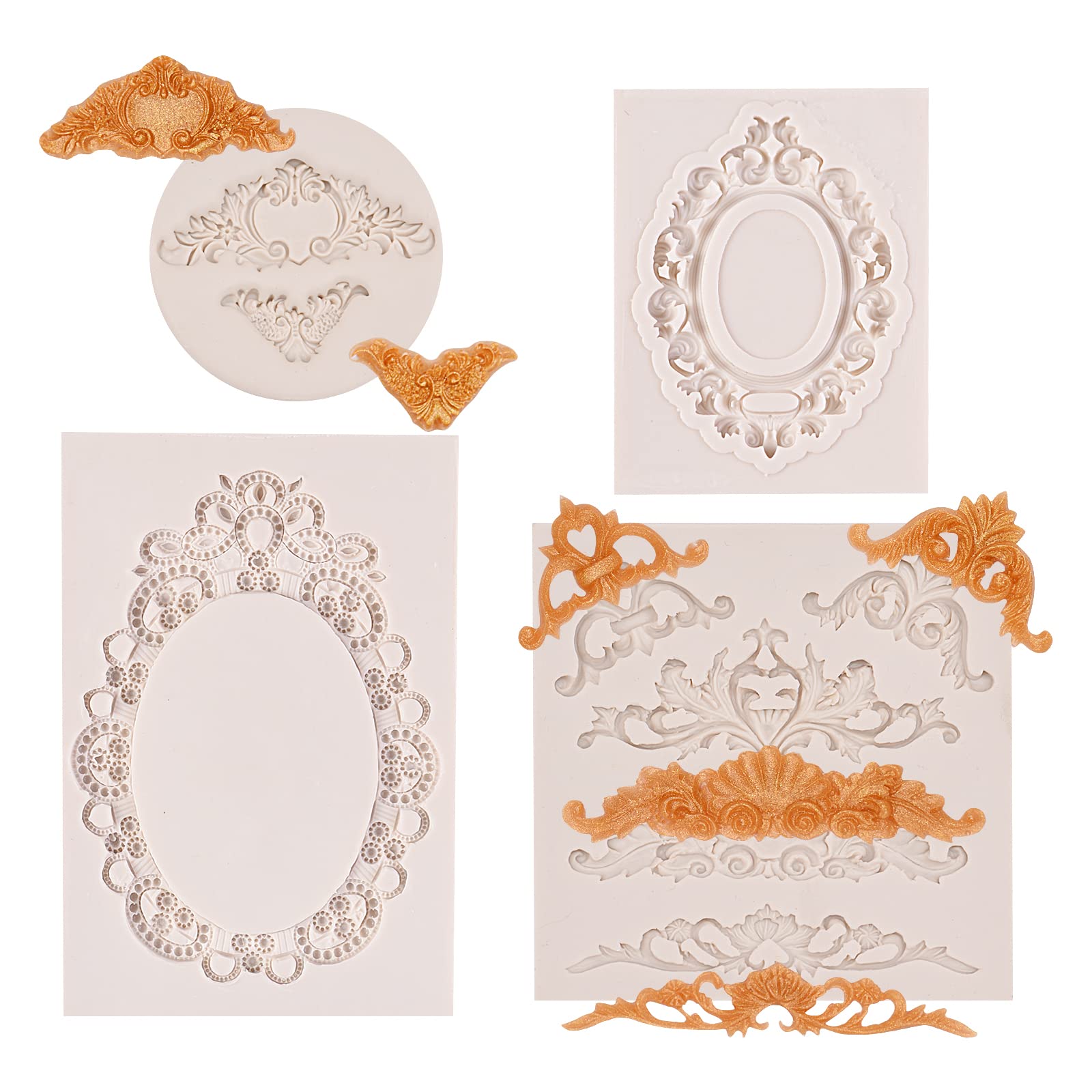 Baroque Photo Frame Silicone Molds 4 Pcs, Royal Floral Scroll Embossed Fondant Molds For Cake Cupcake Decorating, Cookies, Candy