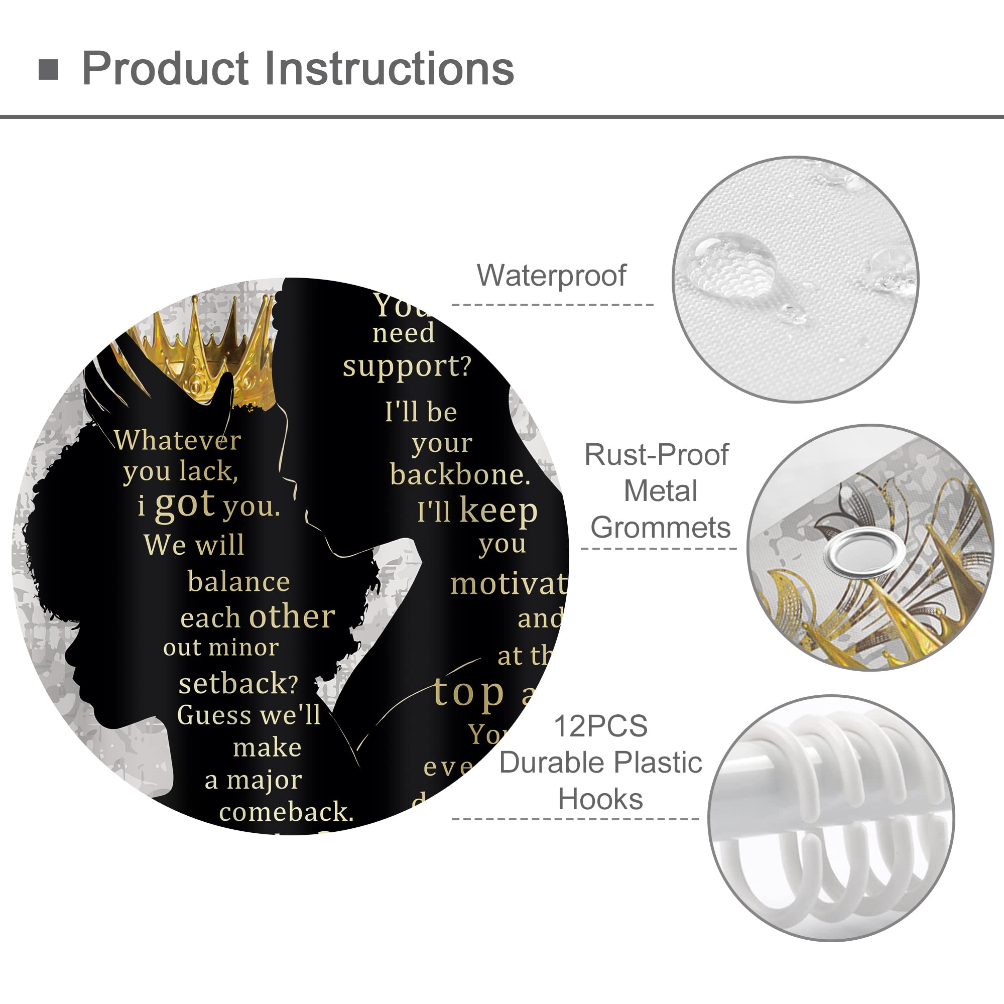 Omifly African American Women Men Shower Curtain 60Wx72H Inch Afro Black Queen King Luxury Gold Crown Inspirational Quotes Butte