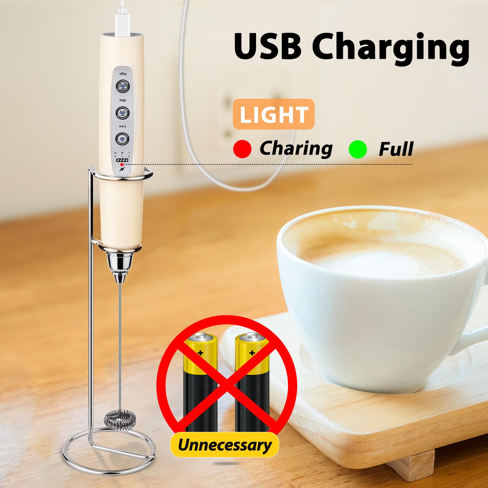 Sakgos Rechargeable Milk Frother Handheld (With Stand, Beige)