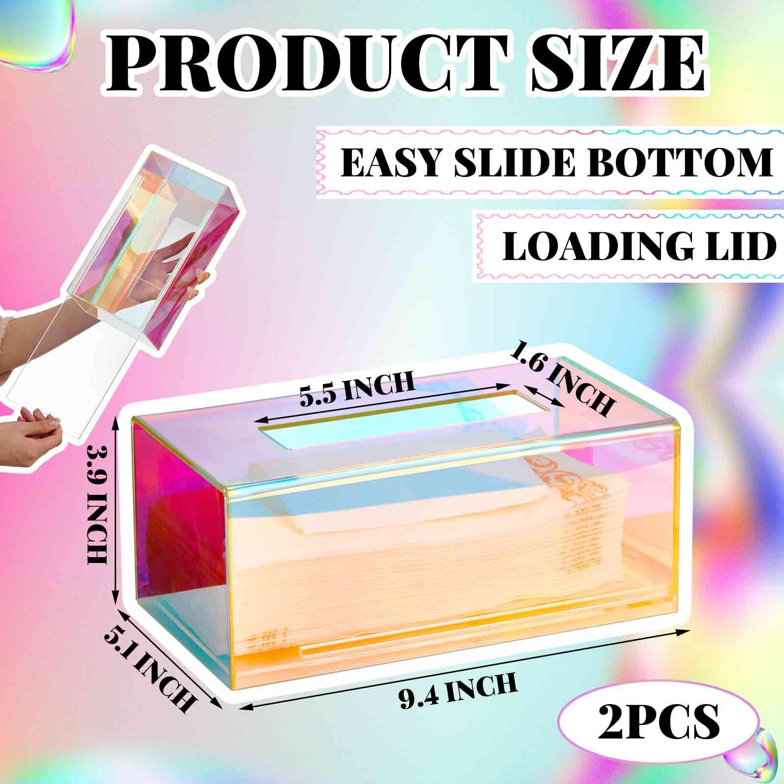 Layhit 2 Pcs Iridescent Tissue Box Acrylic 9.37 X 4.72 X 3.94 Inch Acrylic Clear Tissue Box Dispenser Cute Tissue Box Holder For