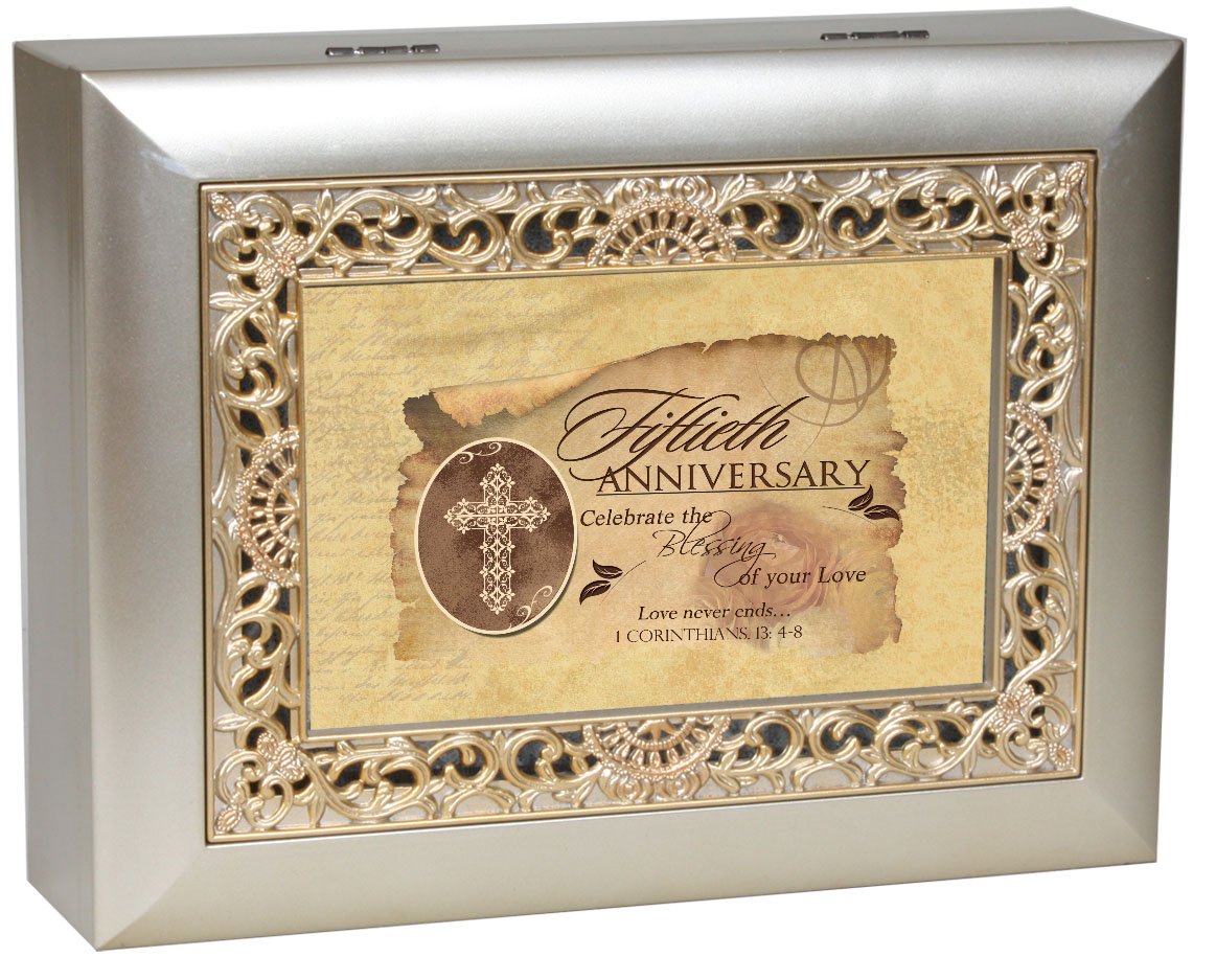 Cottage Garden 50th Anniversary Silvertone Gold Inlay Jewelry Music Box Plays Amazing Grace