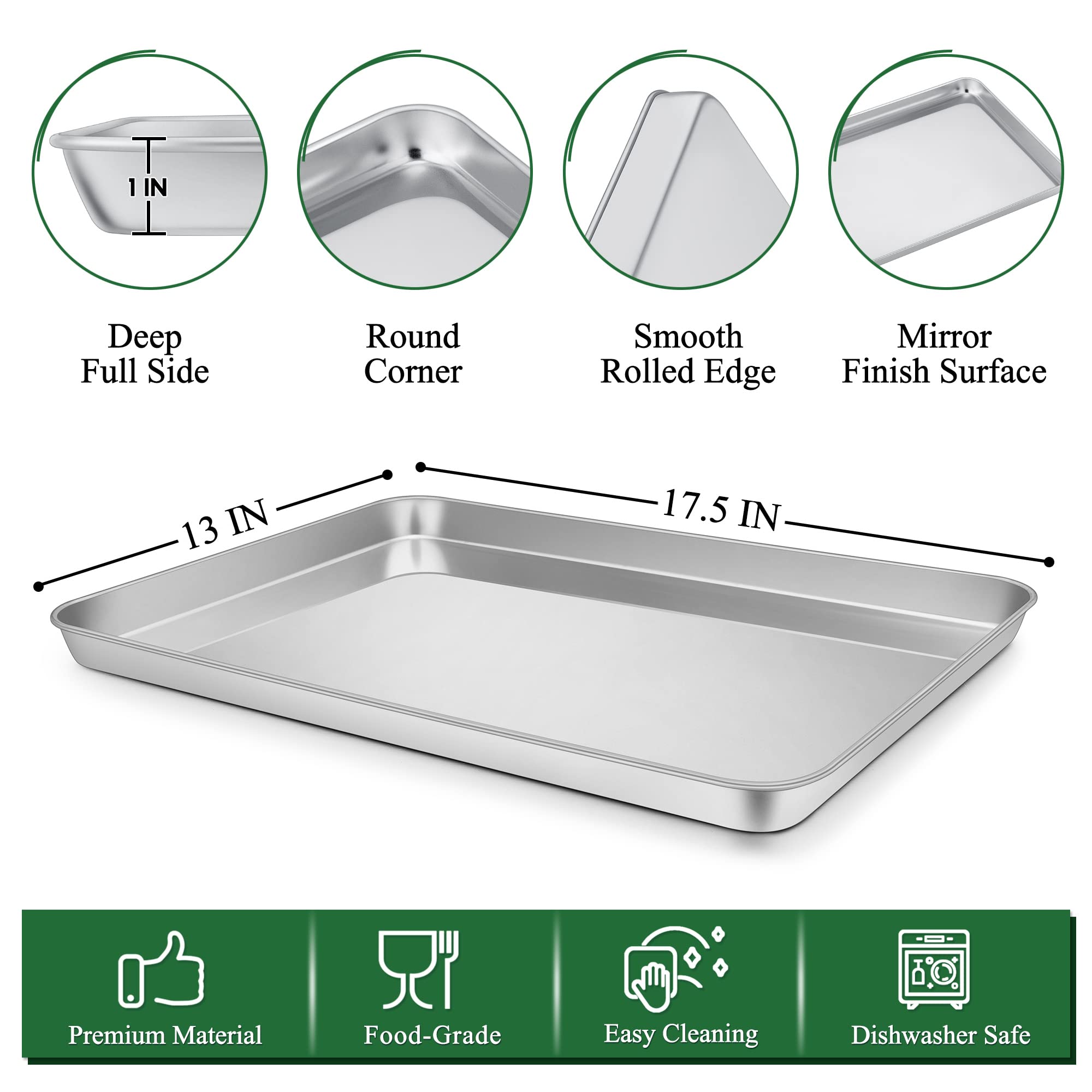 P&P CHEF Stainless Steel Baking Sheet and Rack Set, 17.5 Inch, Silver, Oven & Dishwasher Safe (2 Pans + 2 Racks)