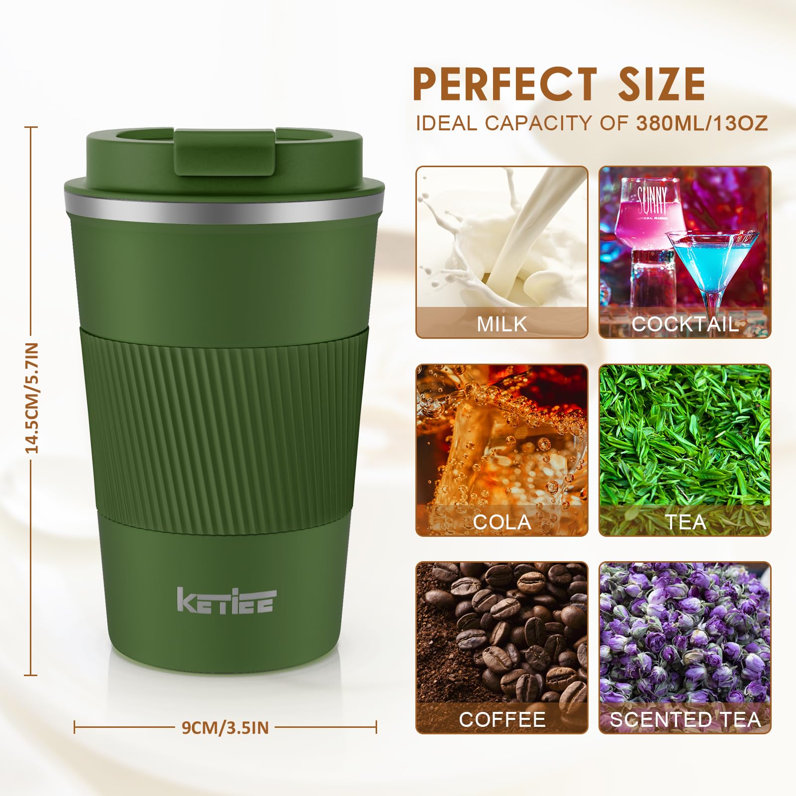 Ketiee Travel Coffee Mug 12Oz: Vacuum Insulated Coffee Cup With Leakproof Lid, Coffee Tumbler, Reusable Coffee Cups, Double Wall