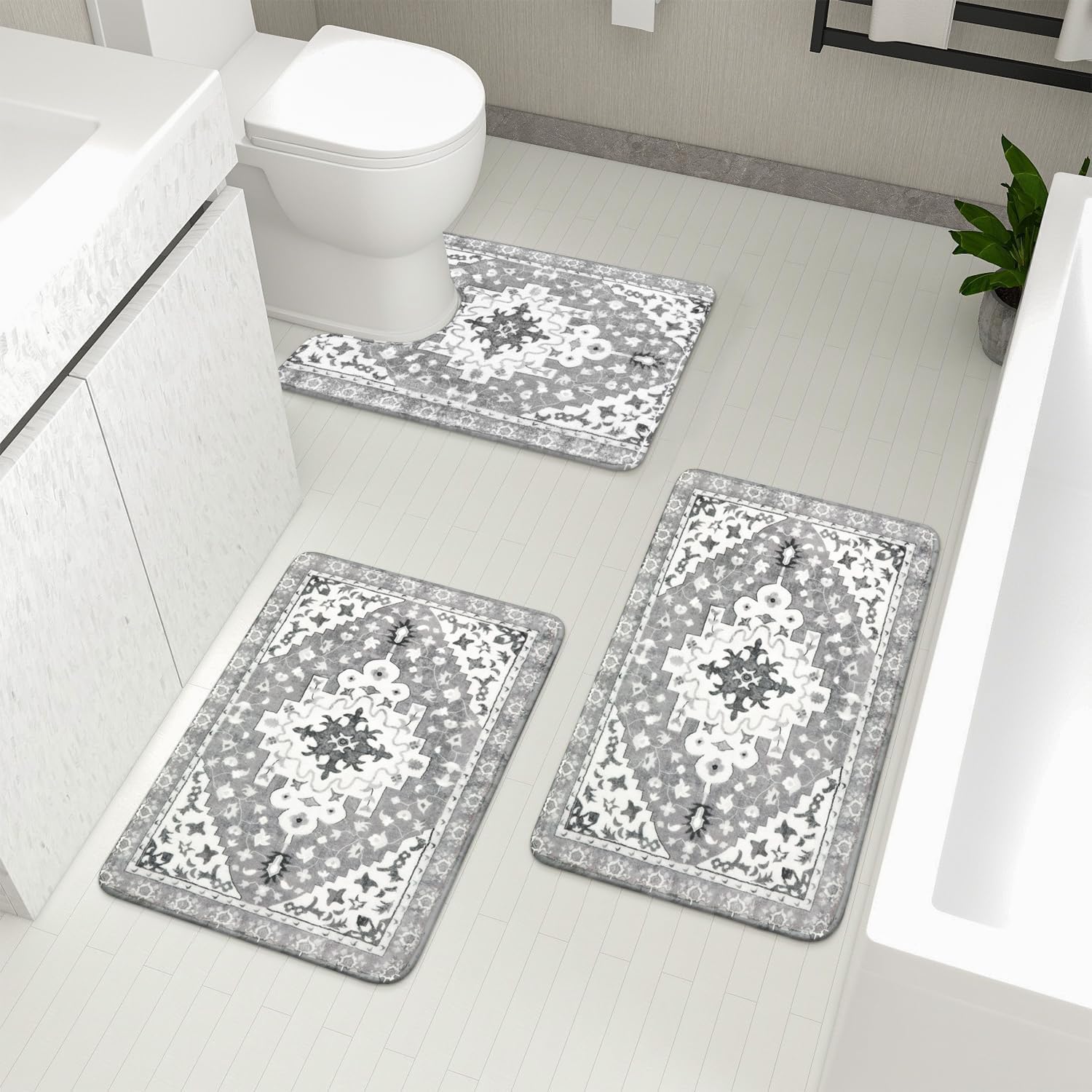 Uphome Boho Vintage Bathroom Rugs Sets 3 Piece Gray Non-Slip Soft Bath Mats With U-Shaped Contour Toilet Mat Machine Washable Or