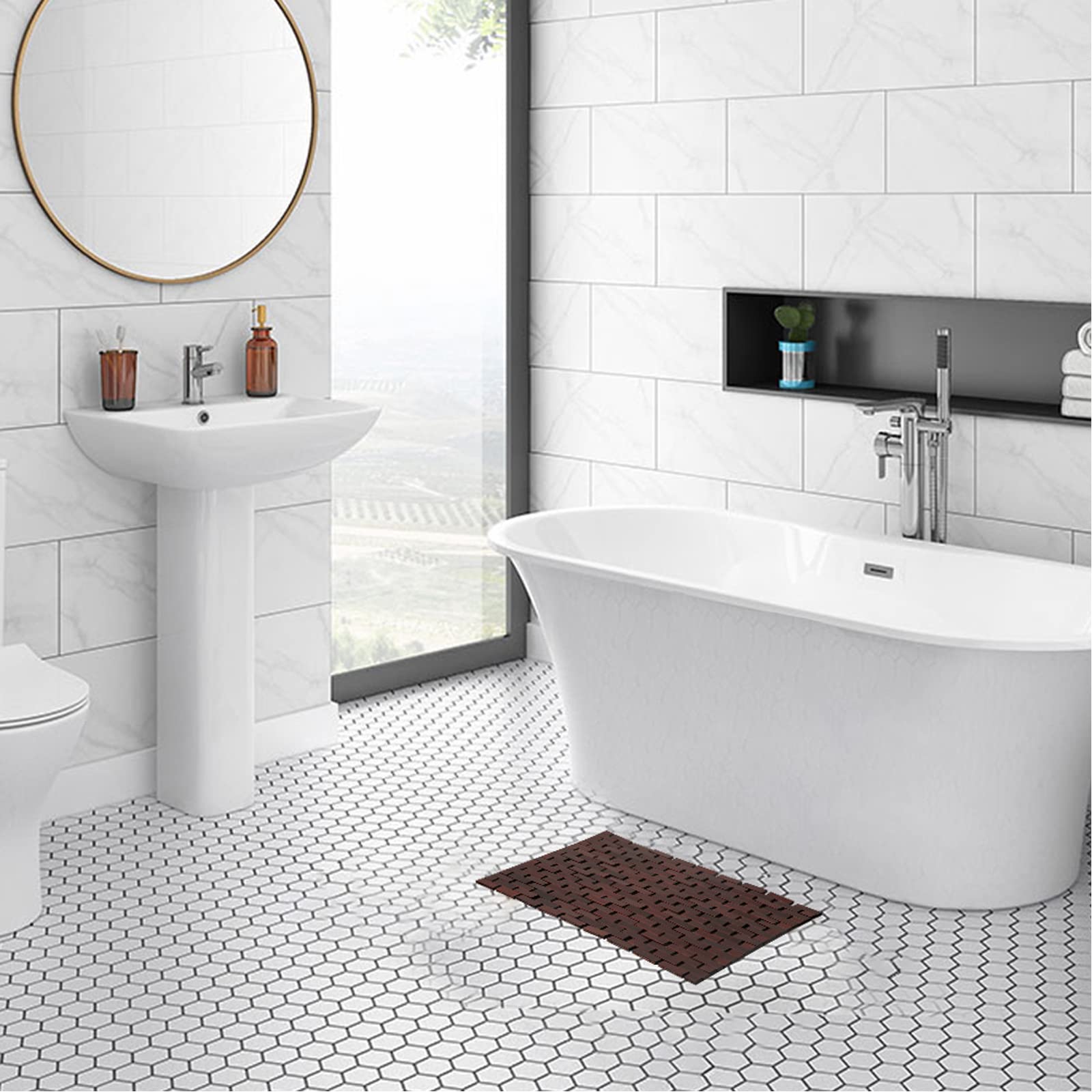 Bamboo Bath Mat Bathroom Rugs Floor Wood Shower Bathtub Waterproof Non Slip Brown Accessories 16x24 Inch Easy to Clean  2 pcs