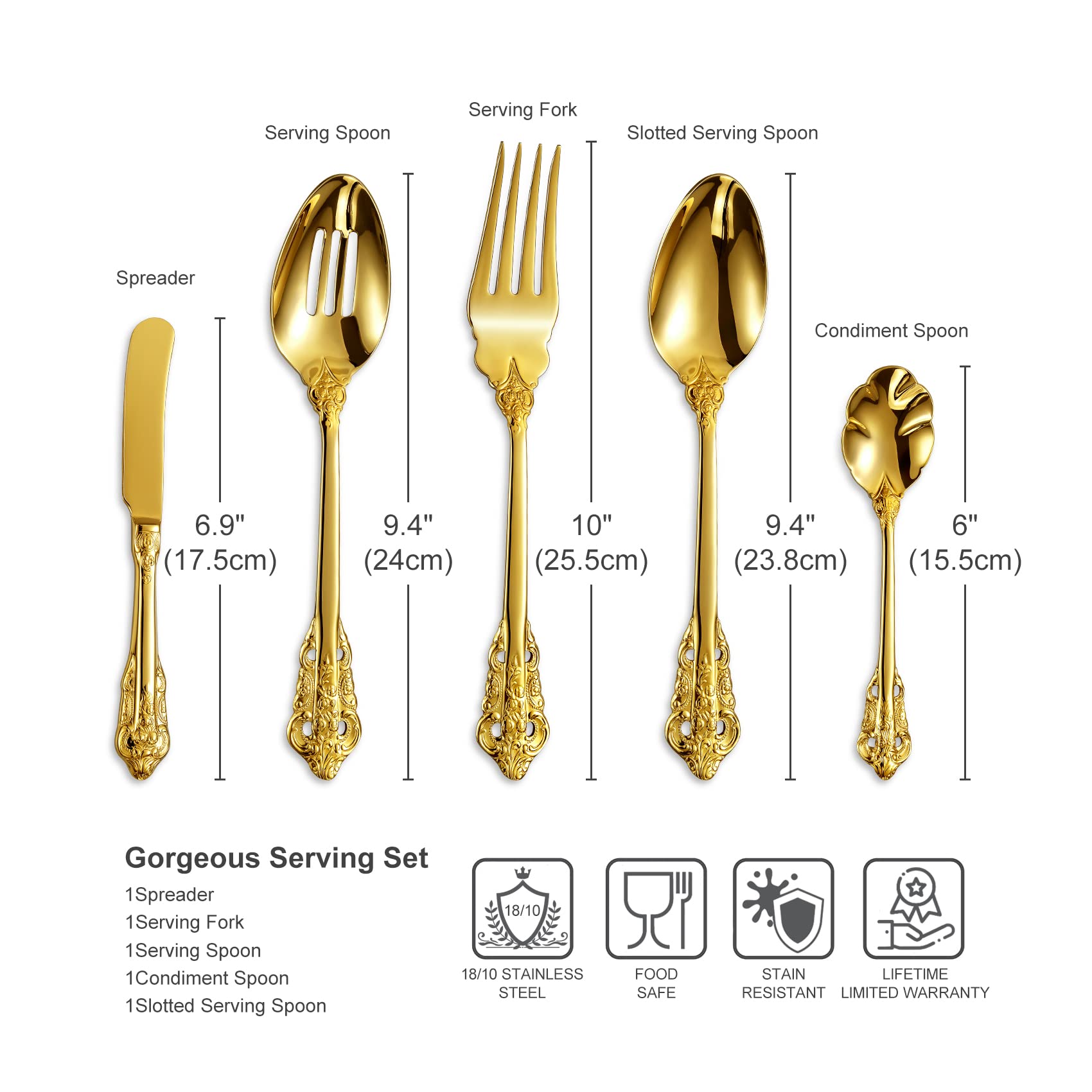Keawell Gorgeous 5-Piece 18/10 Stainless Steel Hostess Serving Utensil Set, Gold