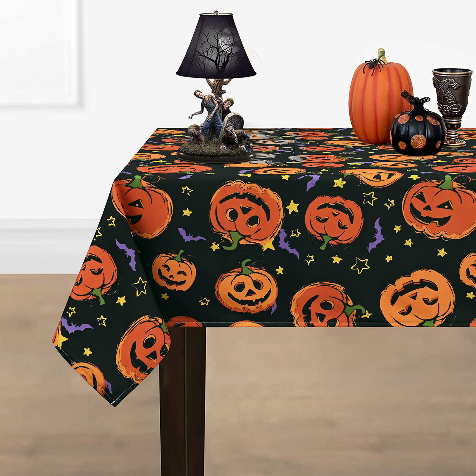 Halloween Tablecloth, Pumpkin And Bat Table Cloth, Orange And Black Star Scary Themed Tablecloths, Waterproof Spillproof Tableco