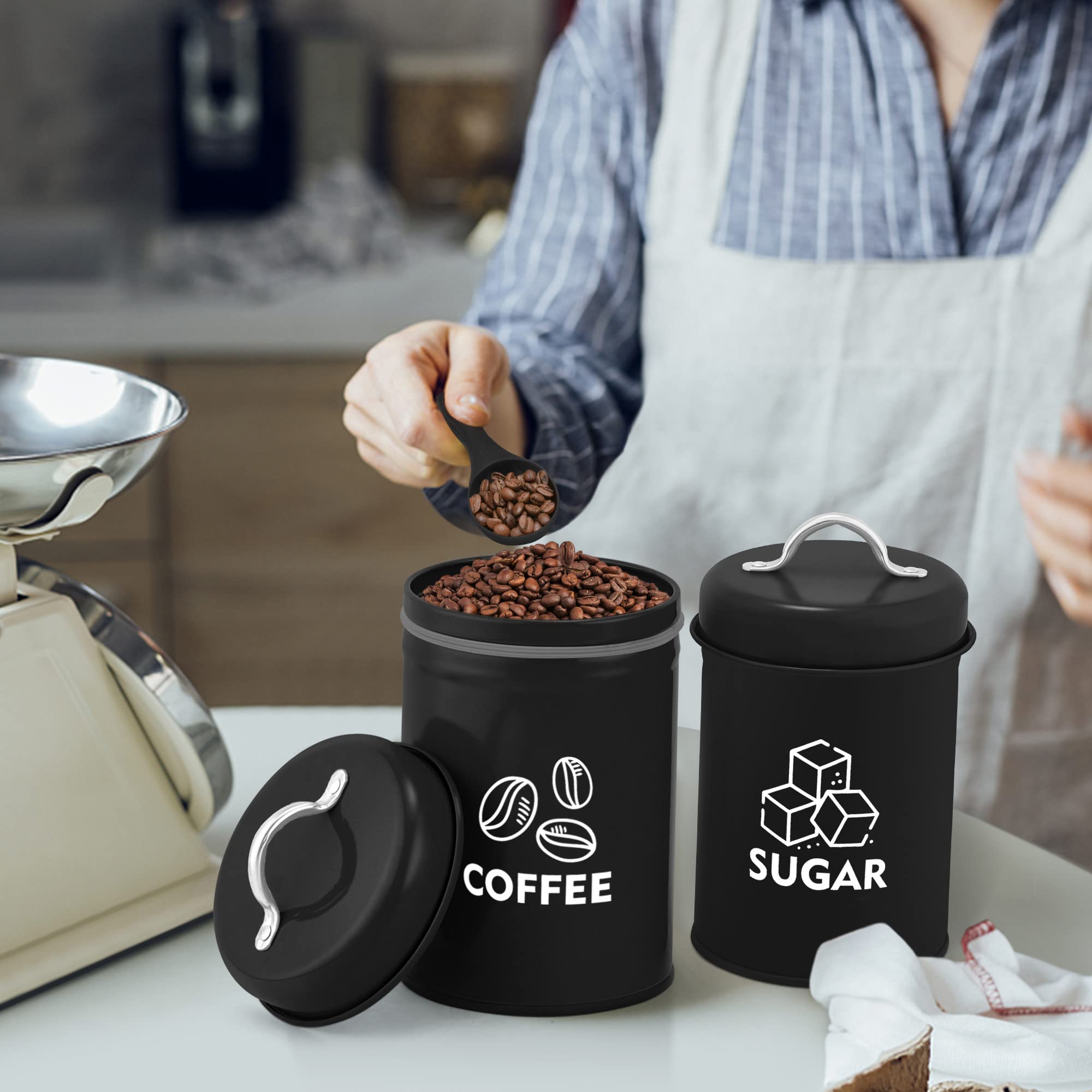 Lianyu 8 Piece Canister For Kitchen Counter, Lager Food Kitchen Canisters Set With Spoons, Coffee Tea Sugar Metal Canister Stoar