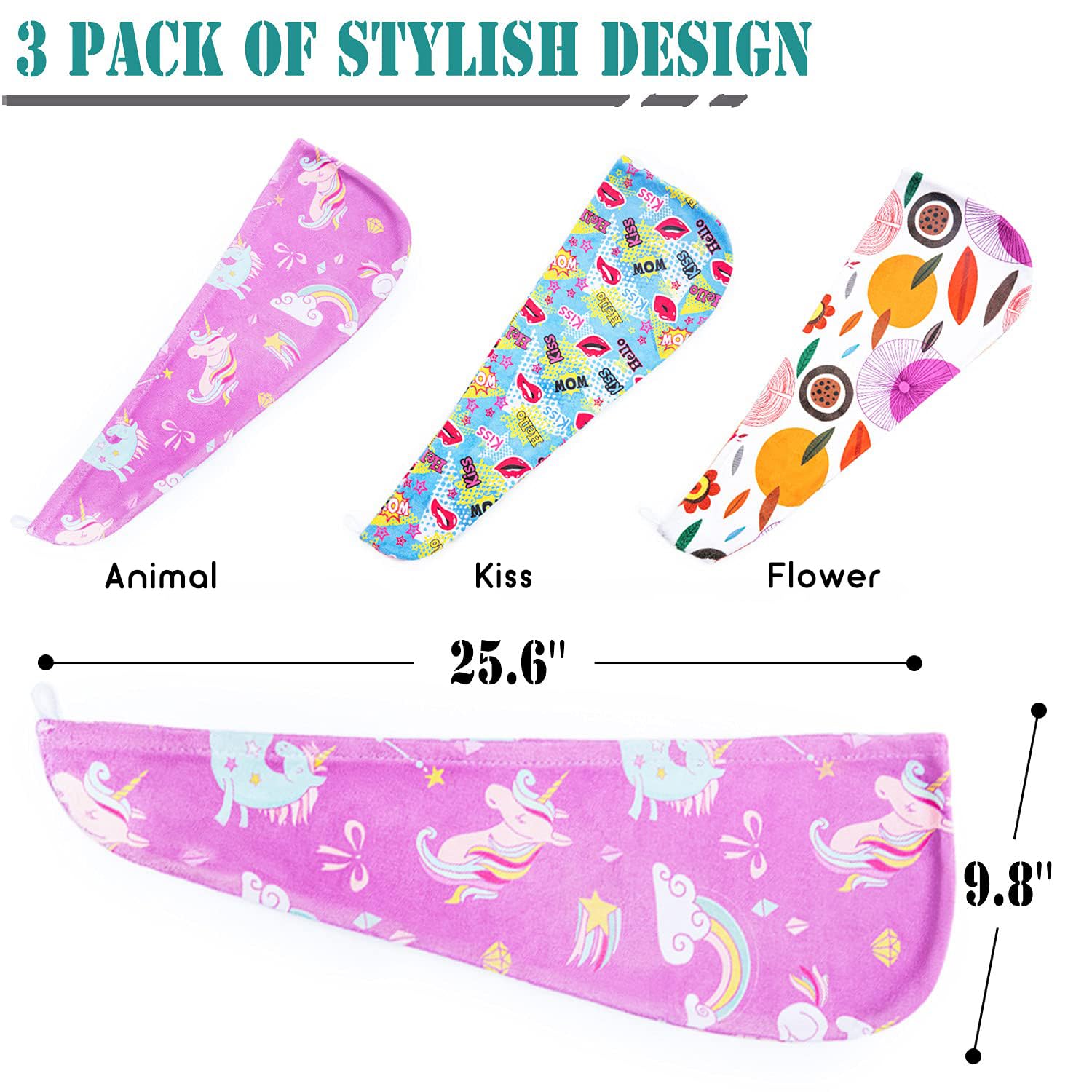 ELLEWIN Microfiber Hair Drying Towels, 3 Pack Quick Dry Turban for Kids, Purple/White/Blue, Anti Frizz for Curly Long Thick Hair