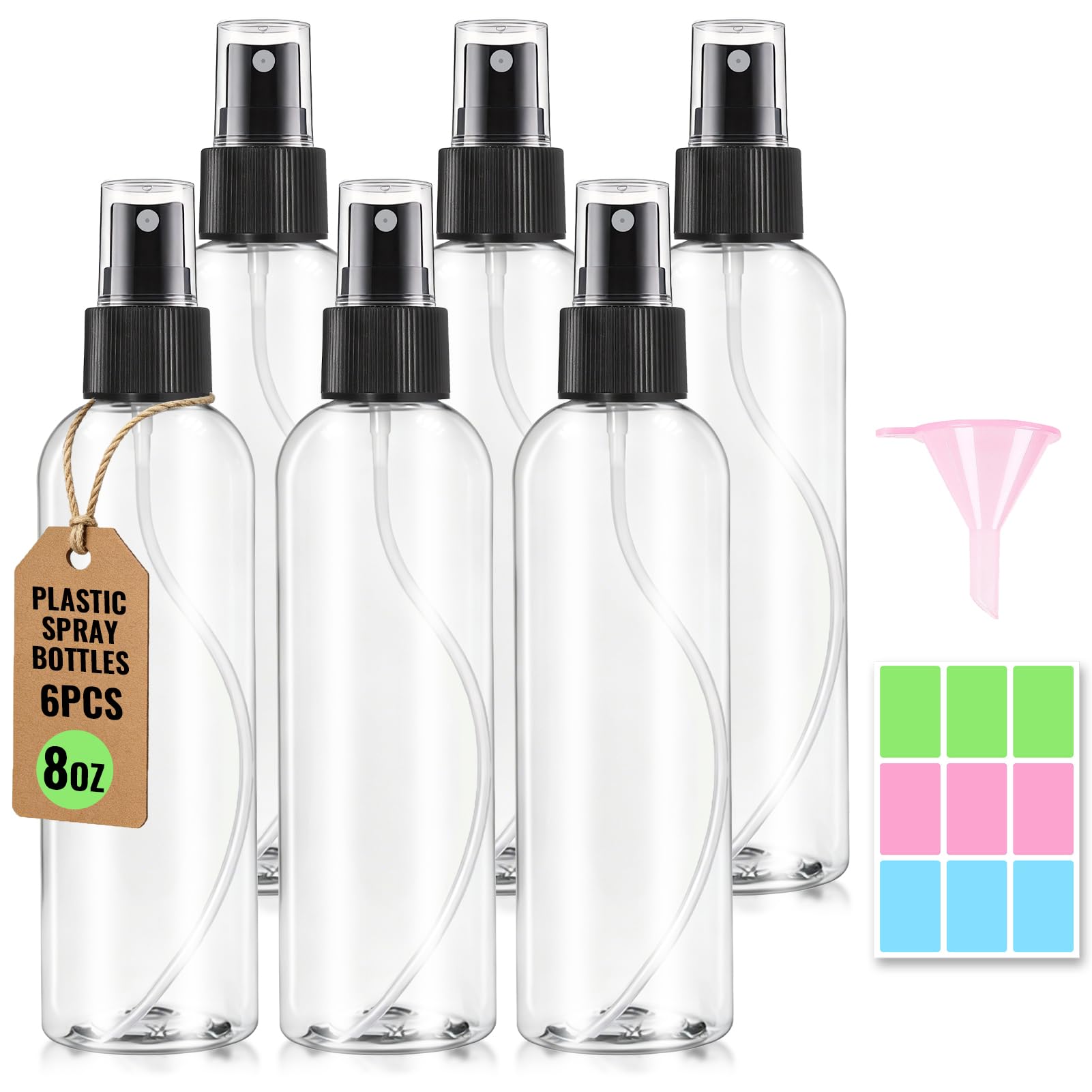 DPLASKA 6 Packs 8 oz Clear Plastic Spray Bottles, Black Fine Mist Sprayer