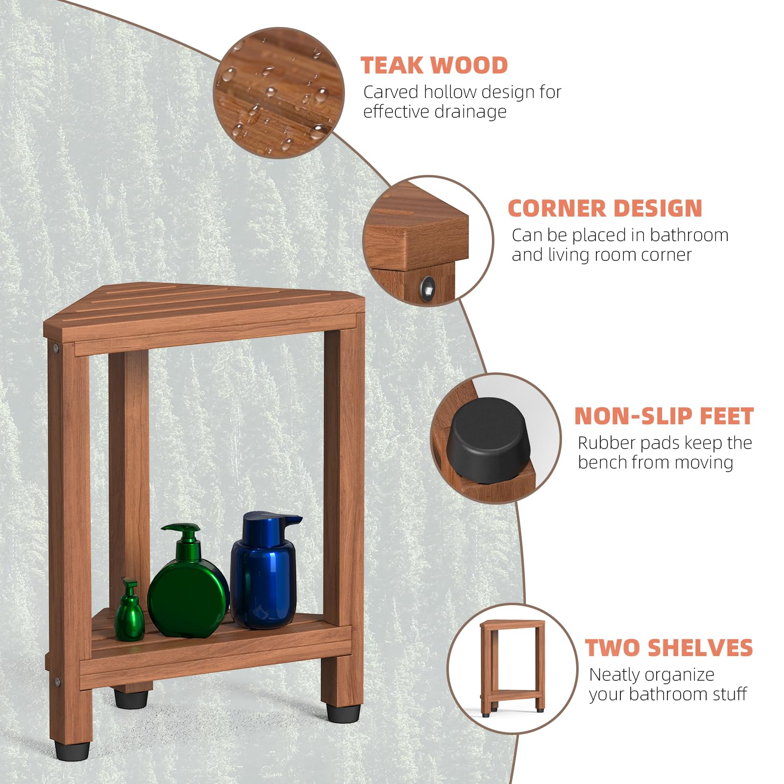 Corner Shower Stool For Shaving Legs, Teak Corner Shower Bench Stools For Inside Shower,Bathroom Shower Bench Seat Shower Foot R