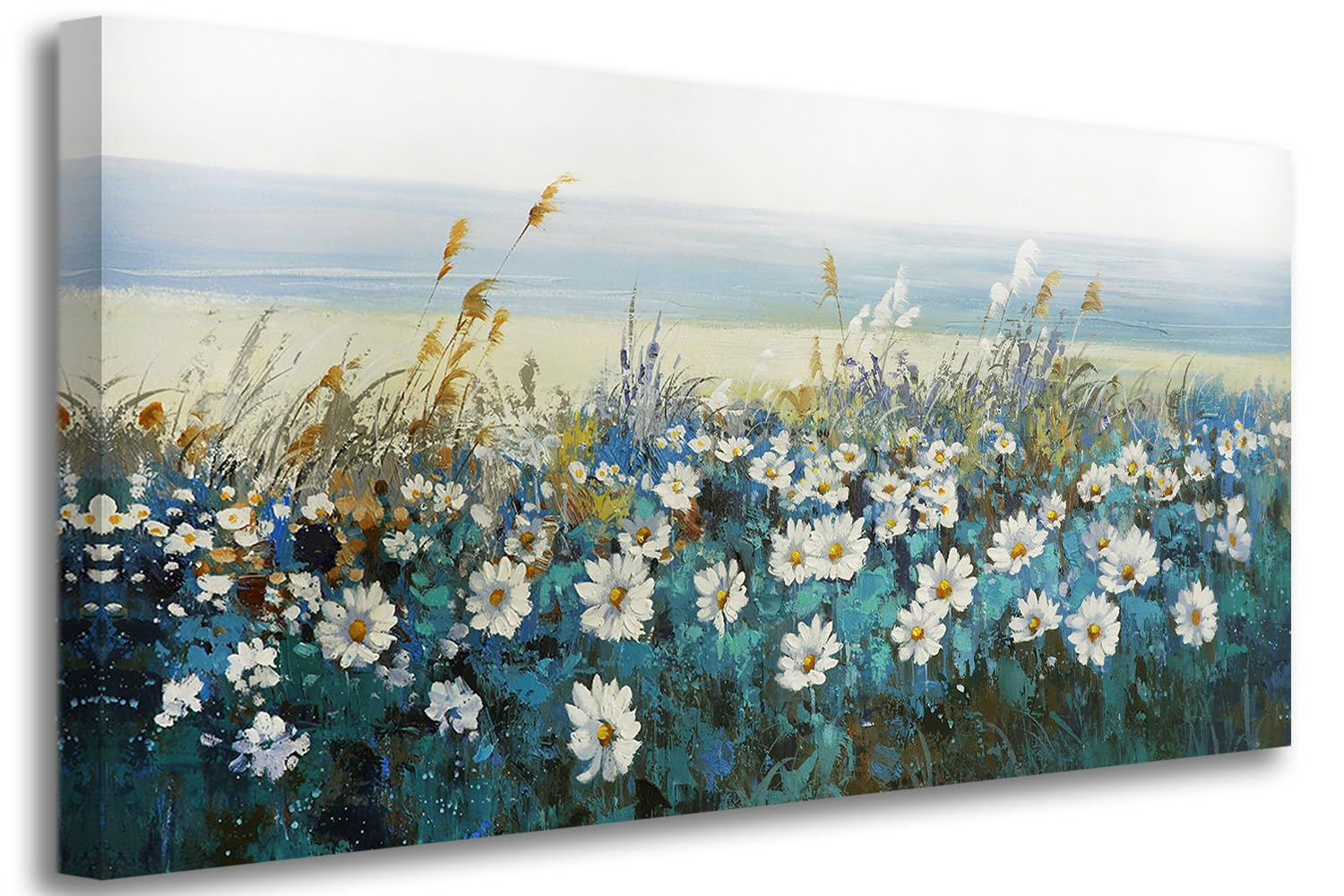 Arjun Flowers Wall Art Canvas White Daisy Floral Painting Blue Coastal Landscape Picture, Modern Extra Large Size Framed Artwork