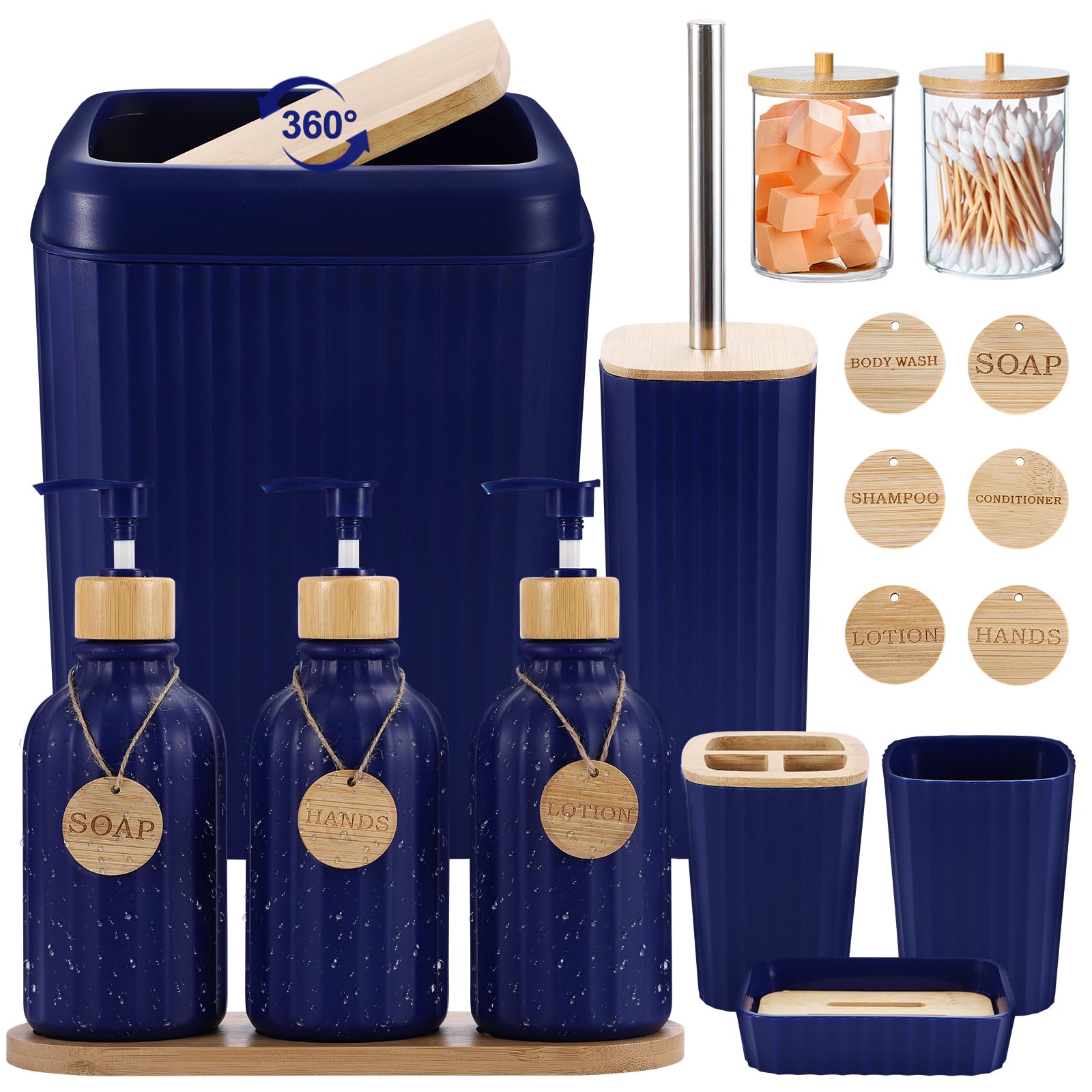 XLHOMO Navy Blue Bathroom Accessories Set 17PCS Bathroom Set with Trash Can 3PCS Lotion Soap Dispenser, Toothbrush Holder,6PCS W