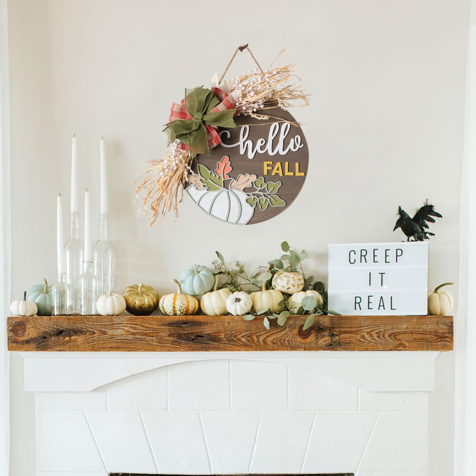 Pumpkin Hello Fall Door Sign Wreath with Burlap Bow & Natural Lafite Grass Maple Leaves - 14 Fall Door Hanger Farmhouse Porch De