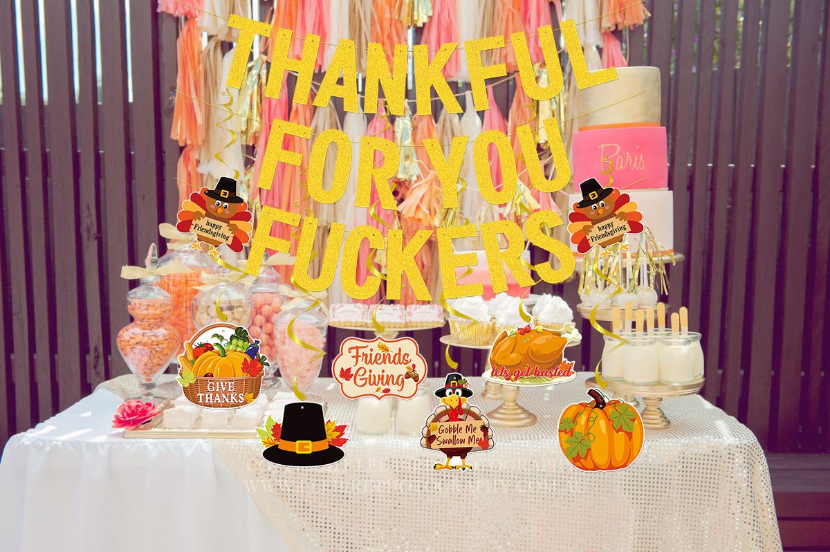 Thankful For You Banner,Gold Friendsgiving Decorations Banner With Hanging Swirls,Js2 Thanksgiving Party Decorations For Mantel