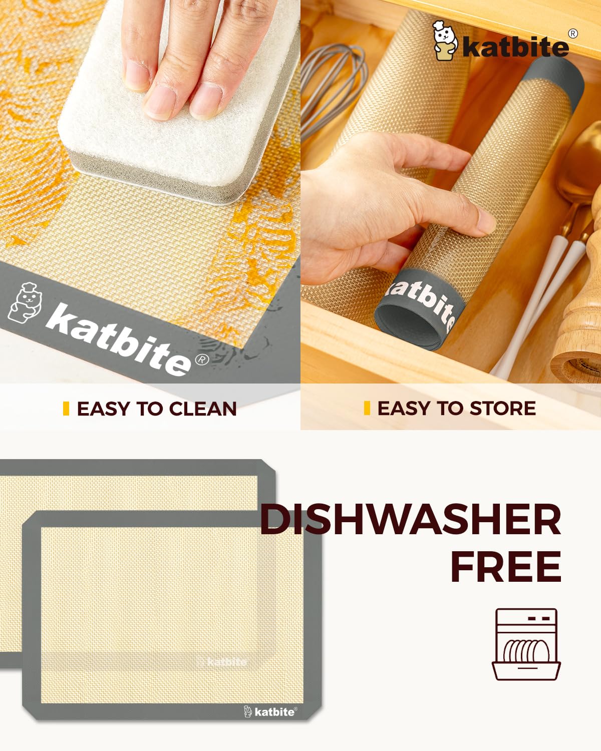 Silicone Baking Mat, Katbite Large Baking Mat Set Of 3-2 Half Sheets Mats (11 5/8'' X 16 1/2'') + 1 Quarter Baking Sheets, Reusa