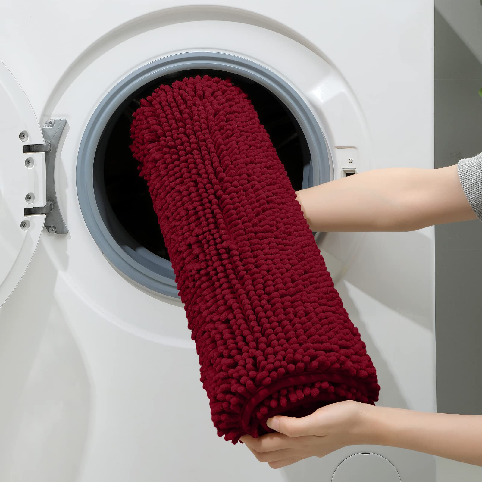 HOMEIDEAS 3 Pieces Bathroom Rugs  Ultra Soft Non Slip Absorbent Chenille Toilet Bath Mat Set (Burgundy)