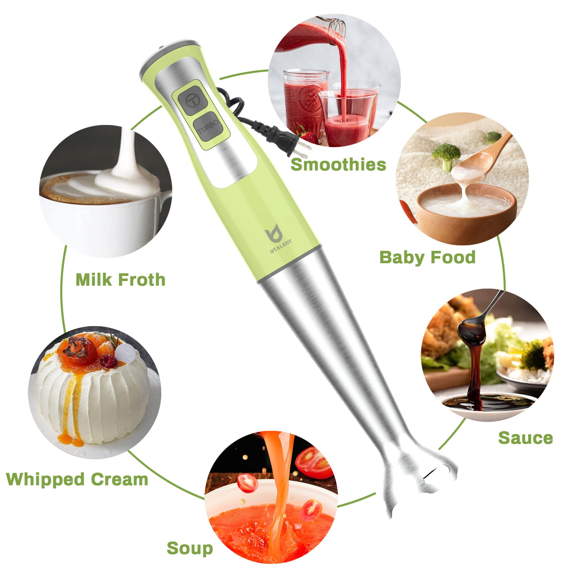 Immersion Hand Blender  UTALENT 3-in-1 8-Speed Stick Blender with Milk Frother  Egg Whisk for Coffee Milk Foam  Puree Baby Food  Smoothies  Sauces and Soups - Green