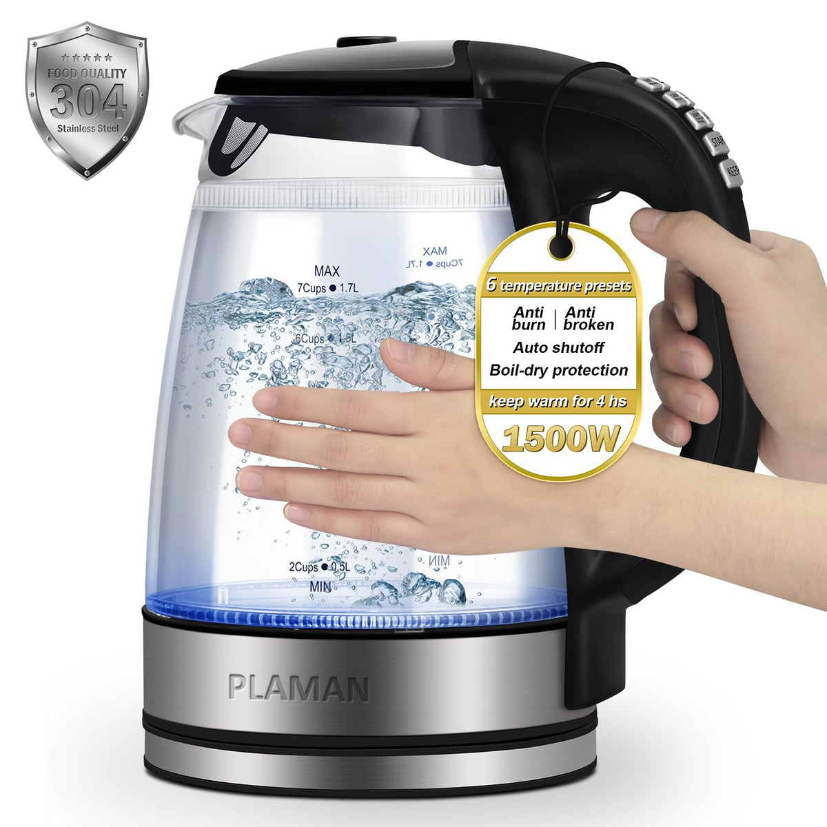 Plaman Electric Kettle Temperature Control - Keep Warm Hot Water Boiler, Double Wall Tea Kettle For Boiling Water 6 Presets 1500