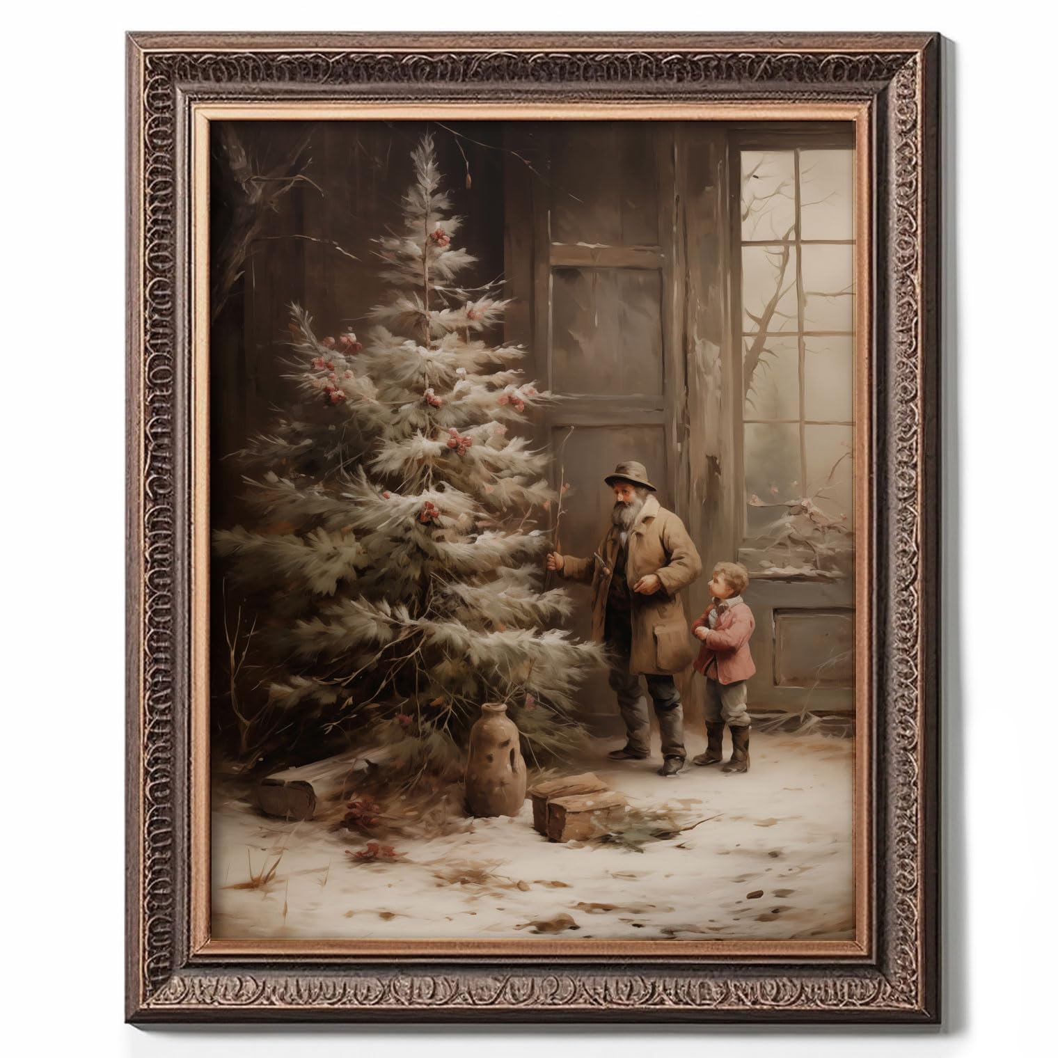 Country Christmas Vintage Painting Print Winter Rustic Wall Art Farmhouse Christmas Holiday Decor Print Christmas Wall Art
