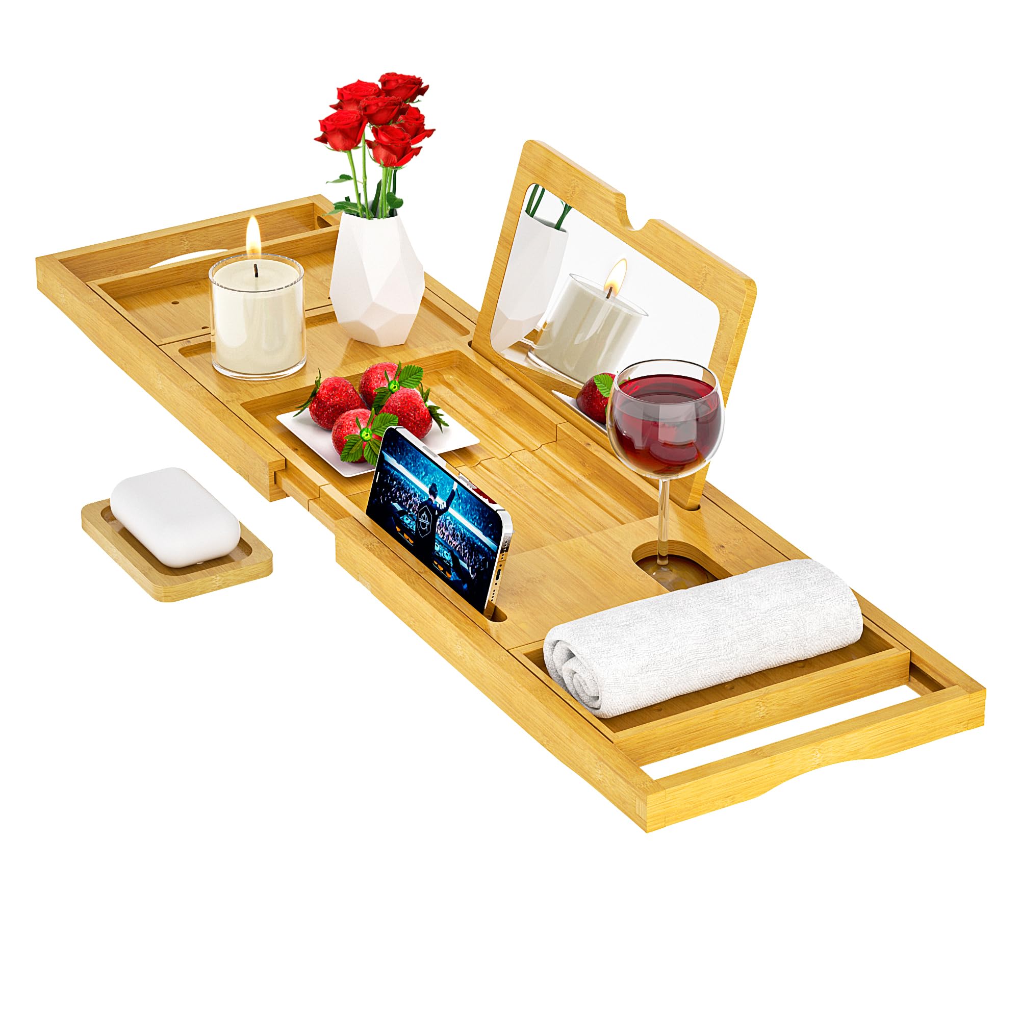 Premium Bathtub Tray Caddy With Makeup Mirror Bamboo - Bath Tray Expandable- Unique House Warming Gifts, New Home, Anniversary &