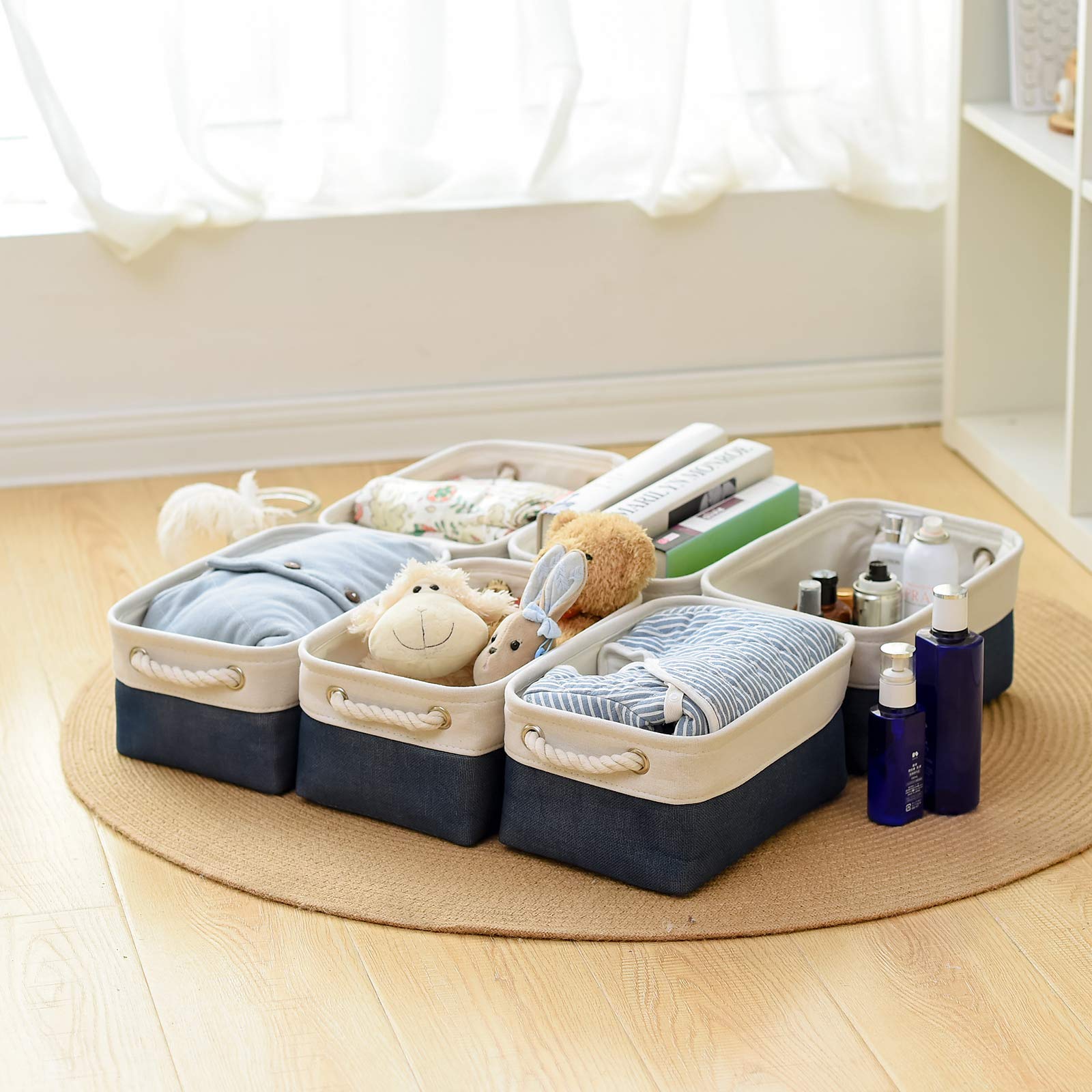 Storage Basket For Organizing - 12X8X5.2 Inch Small 6 Pack Fabric Storage Bin Collapsible Baskets For Shelves With Rope, Storage
