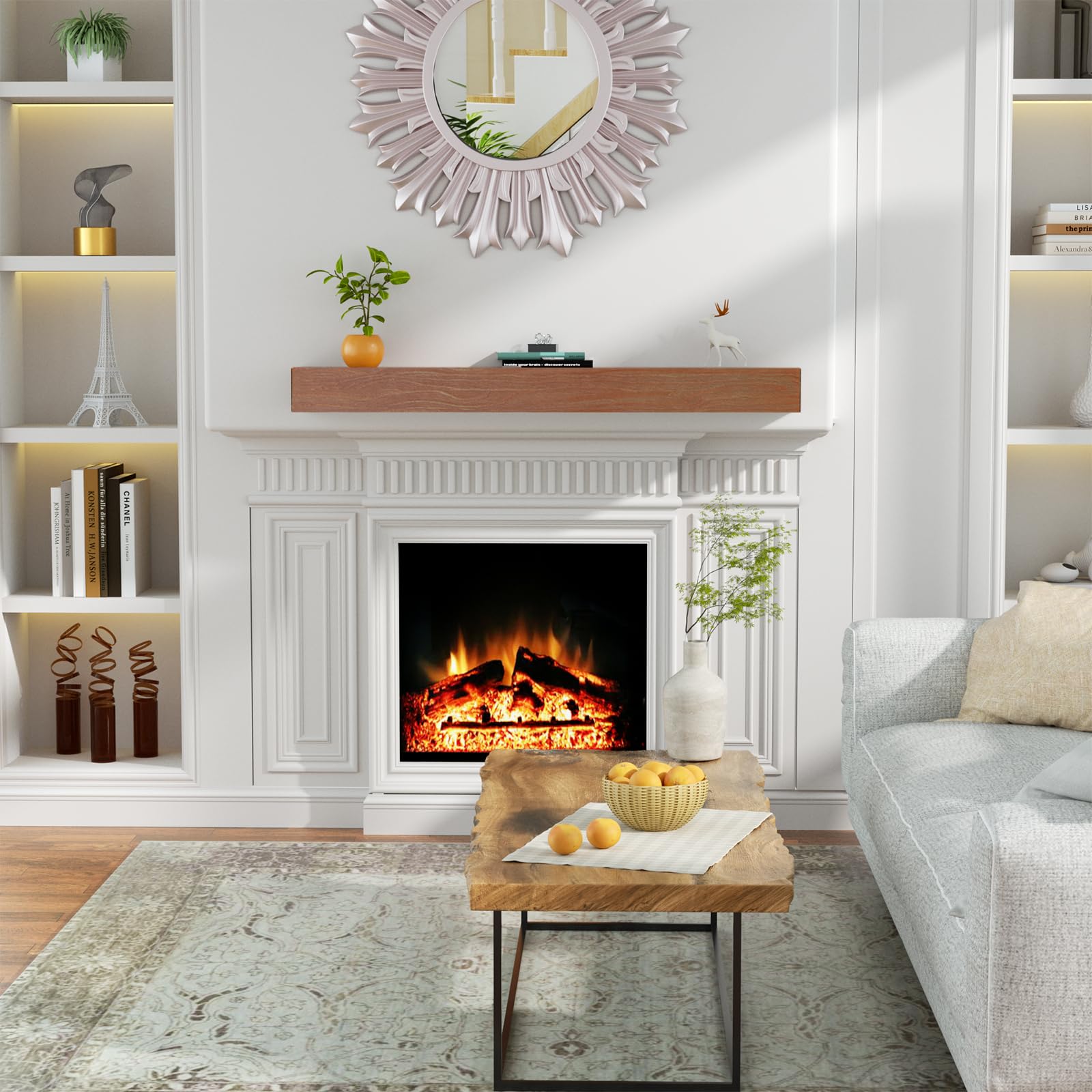 Roomtec Fireplace Mantel,84'' Wood Floating Fireplace Shelves,Wall Mounted Wooden Display Shelving,Handcrafted Wood Brack,Natura