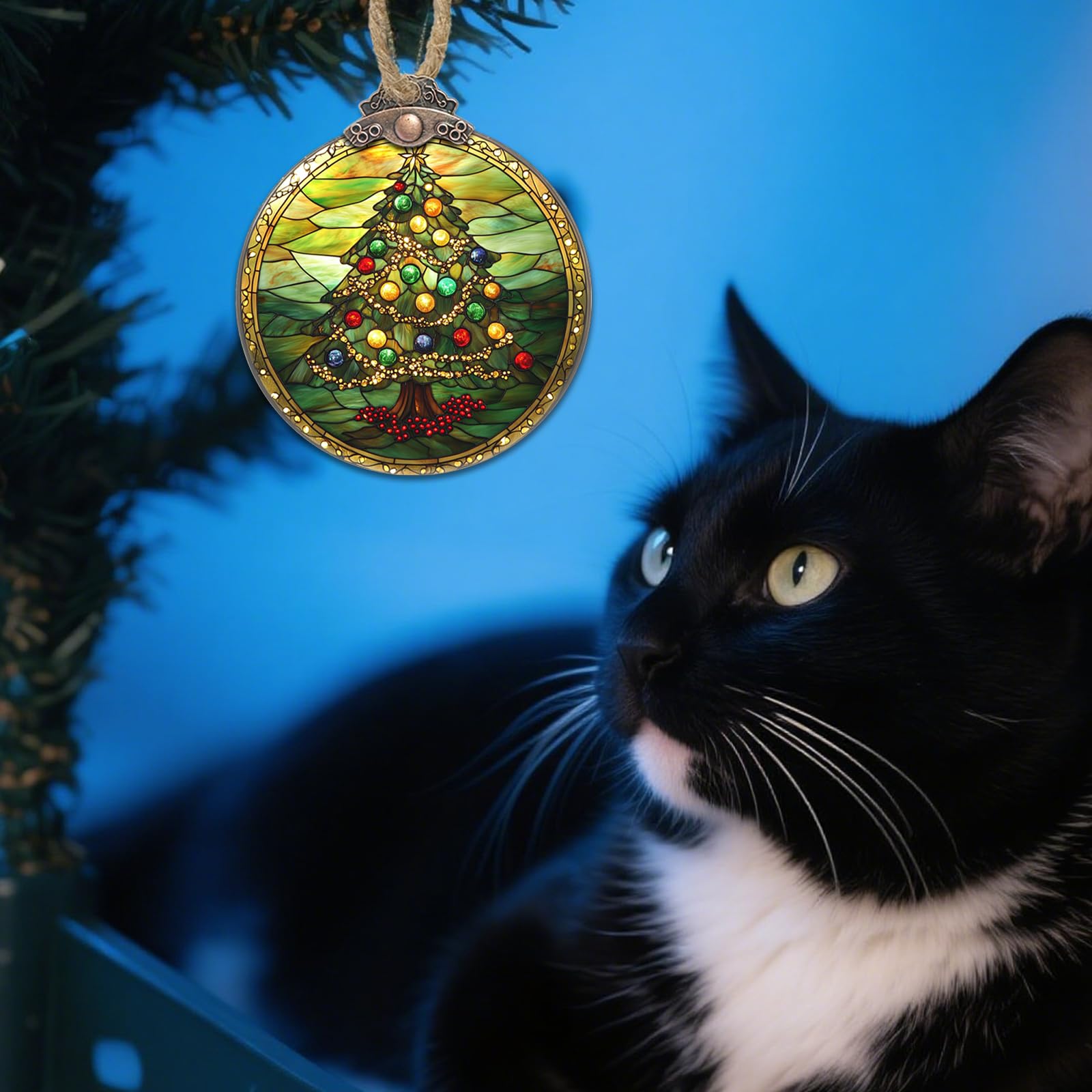 DASTOLL Stained Glass Christmas Decorations, Green Suncatcher for Window Christmas Tree Ribbon Ball Hanging Ornaments Sun Catche