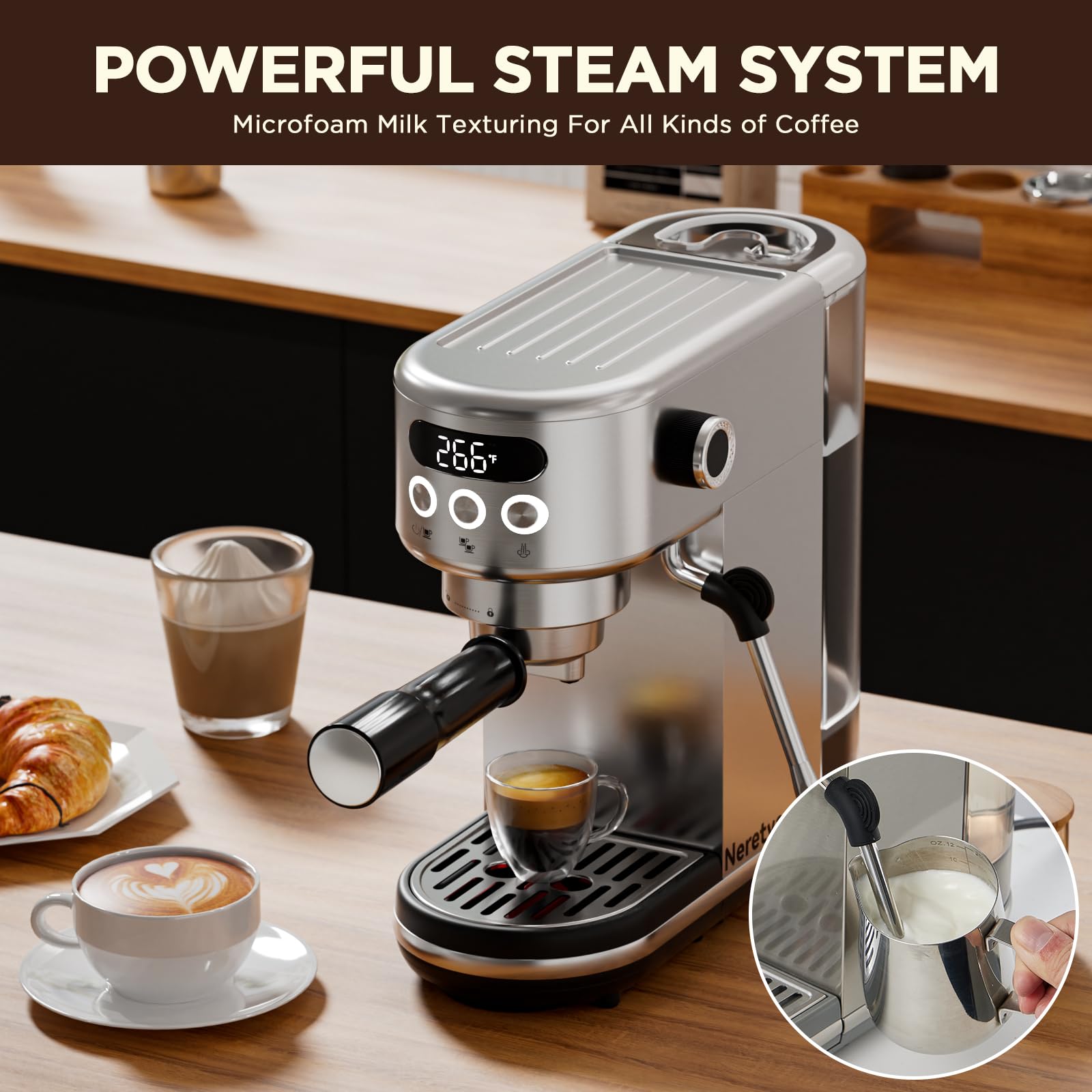 Neretva Espresso Machine 20 Bar, Compact Stainless Steel Coffee Maker with LED Display & Milk Frother, Silver, Model PE3670U