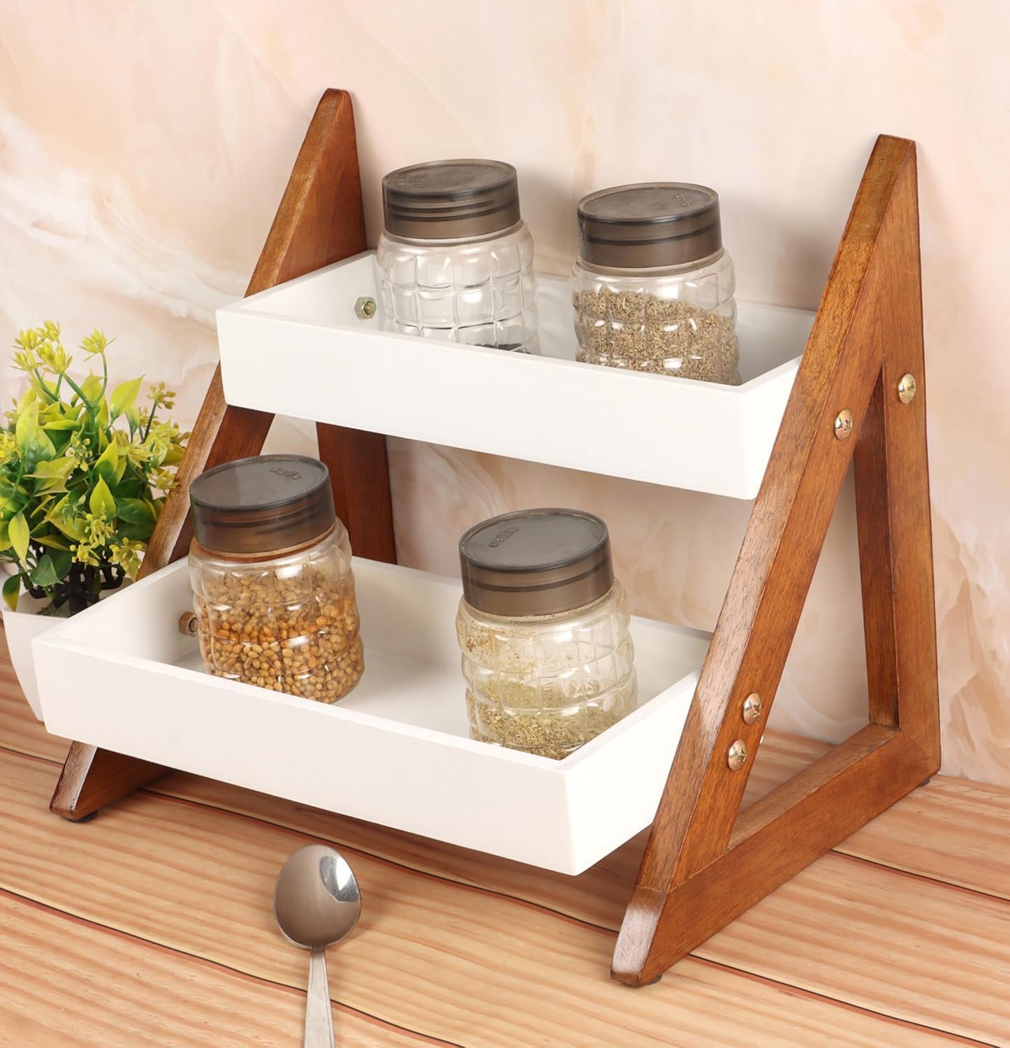 Ld Handicfrafts 2Tier Wooden Storage Rack Organizer | White Tray Shelf With Solid Wood Frame For Kitchen, Bathroom & Countertop