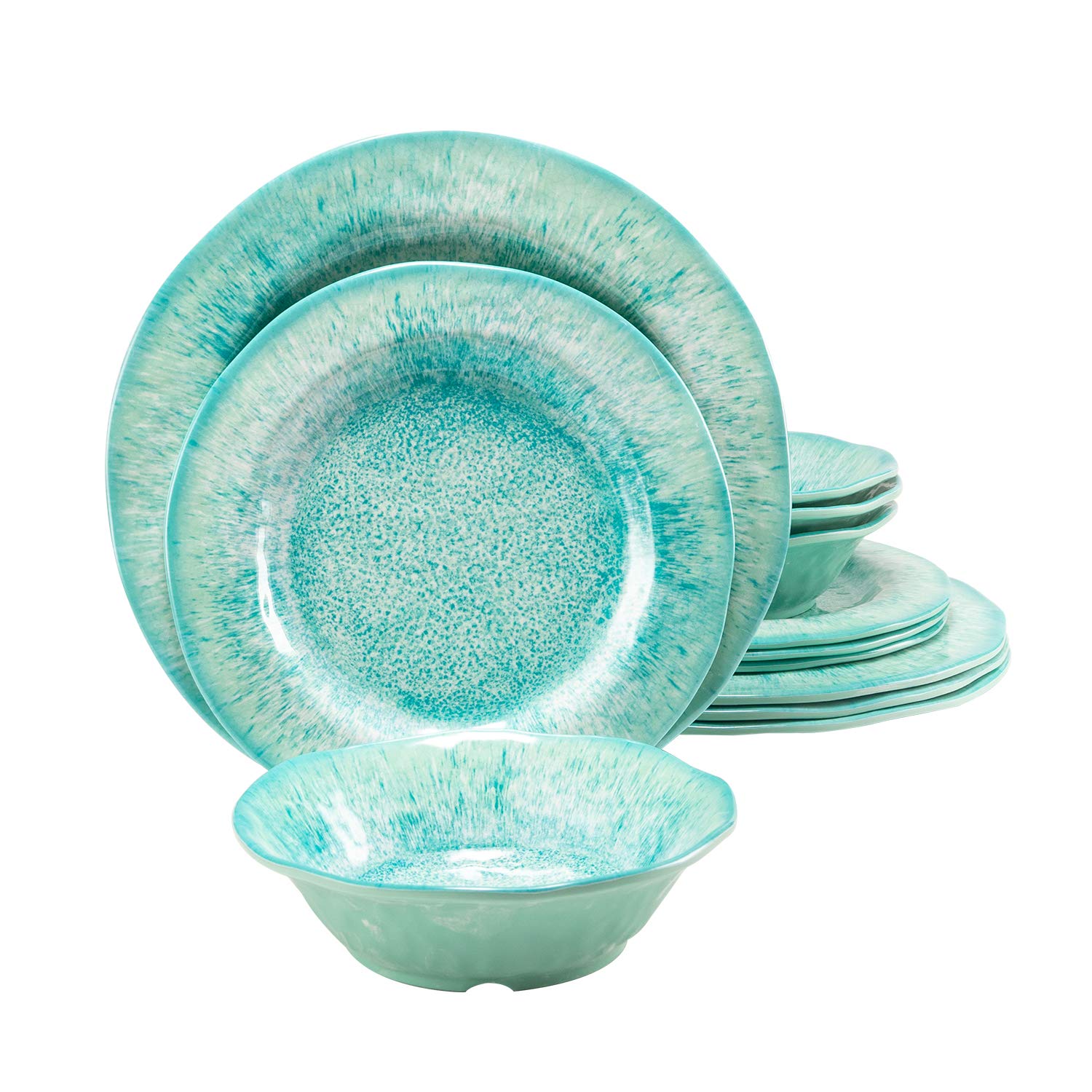 12 Pcs Melamine Dinnerware Sets, Durable Dishware Melamine Dinner Plates for Indoor and Outdoor, Aqua Plates and Bowls Sets, Dis