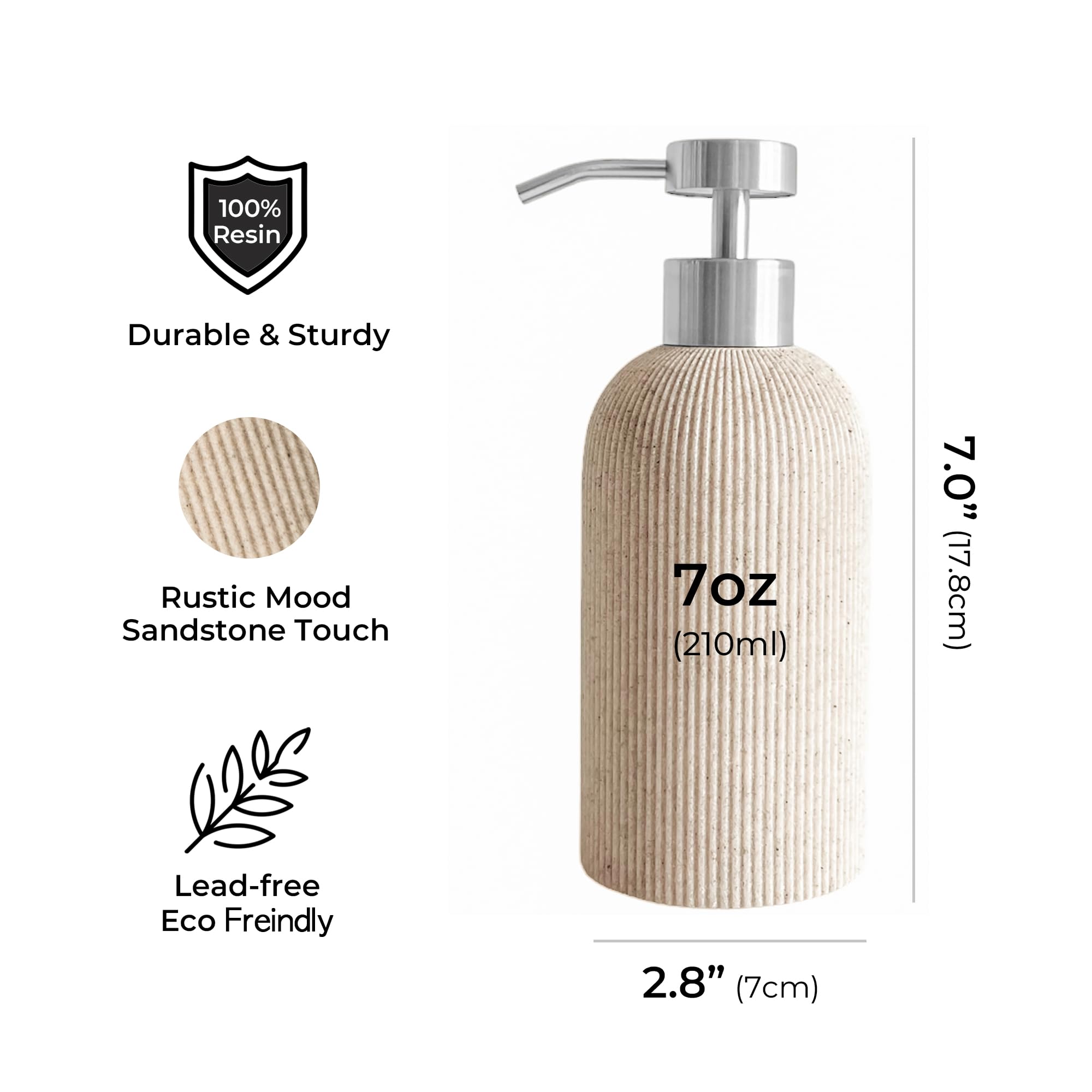 Lunestella Elegant Boho Beige Hand Soap Dispenser With Stainless Steel Pump, For Bathroom And Kitchen, Rust Proof, 7Oz