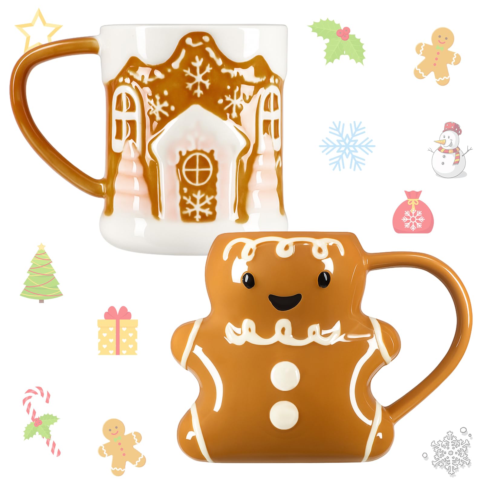 LemonRoad 2 Pcs 14 oz Christmas Ceramic Mugs, 3D Gingerbread Man and House