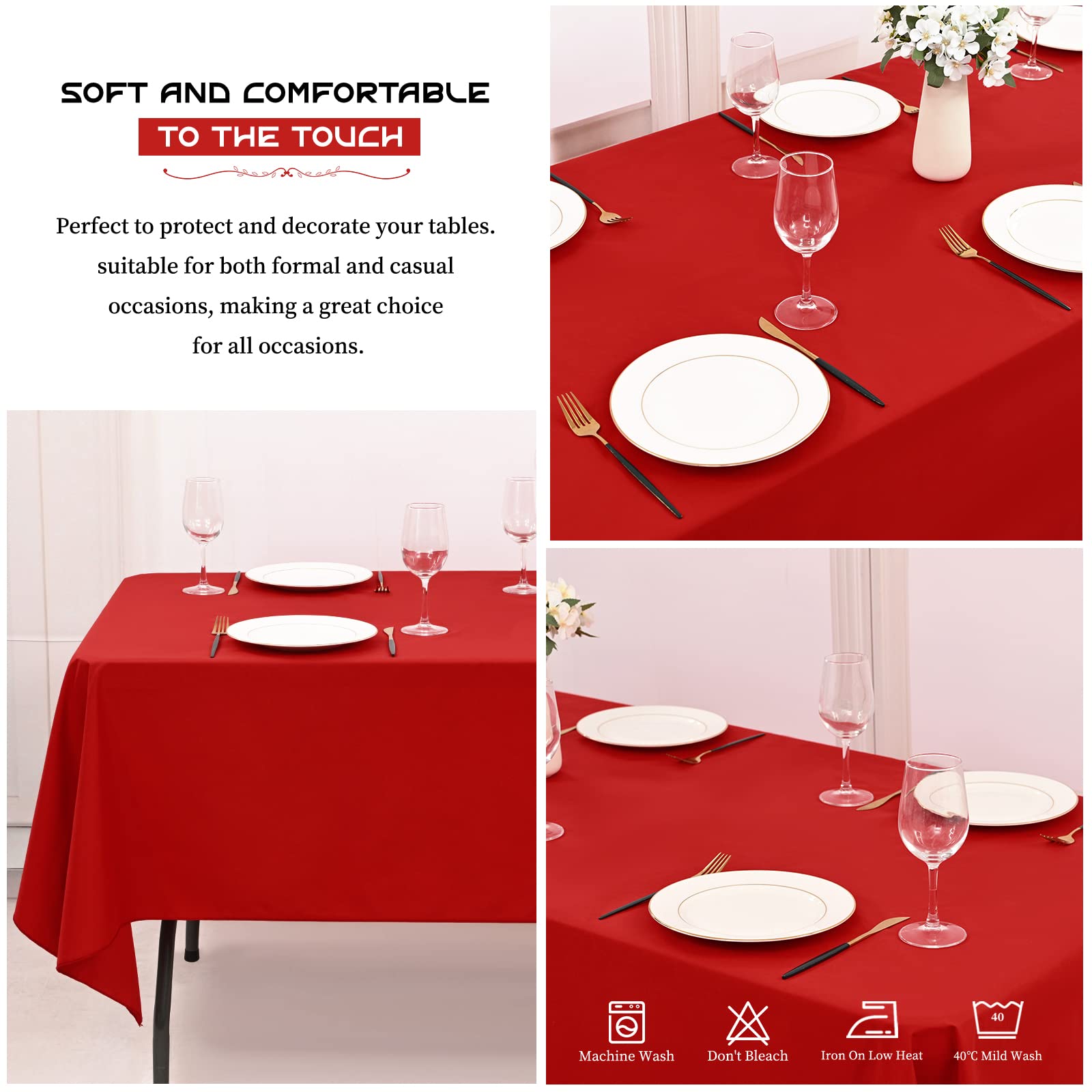Showgeous 4 Pack Red Tablecloth 60 X 102 Inch, Rectangle Table Cloth For 6 Foot Table, Stain And Wrinkle Resistant Washable Poly