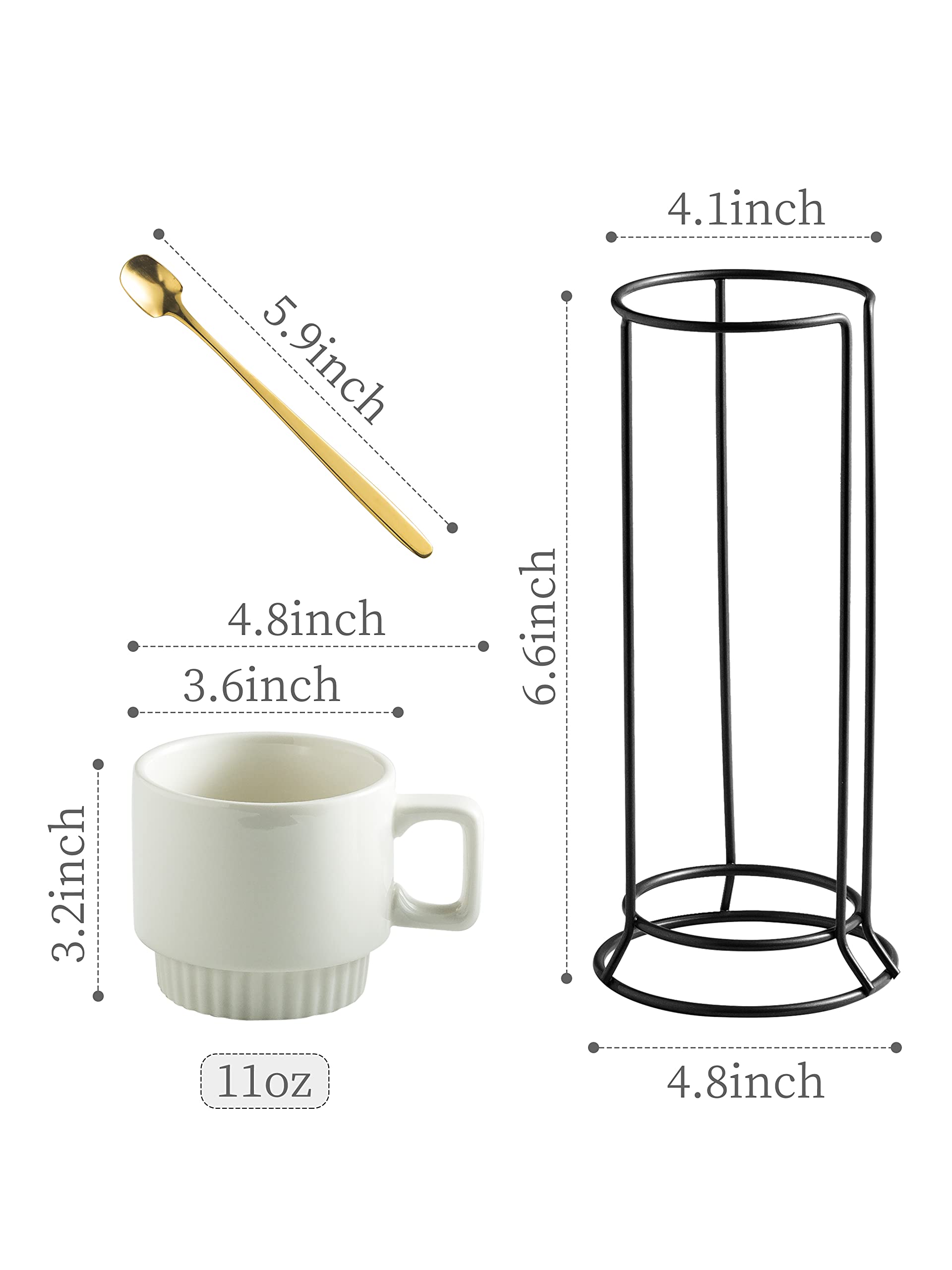 Miamolo Coffee Mugs Set Of 4, Stackable Coffee Cups With Holder Spoons 11Oz Ceramic Espresso Cup For Cappuccino Latte Tea Drinks