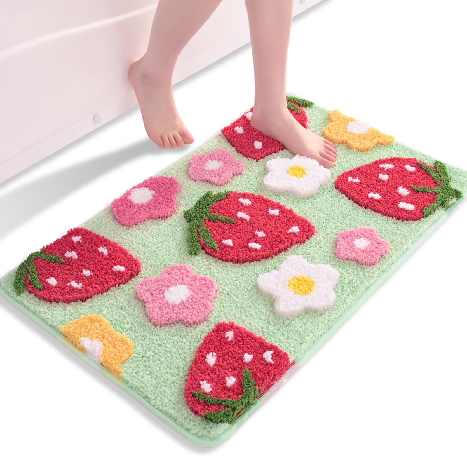Anybar Green Bathroom Rugs Cute Strawberry Flower Bath Mat Bathroom Accessories, Funny Colorful Non Slip Floor Bath Rug Machine