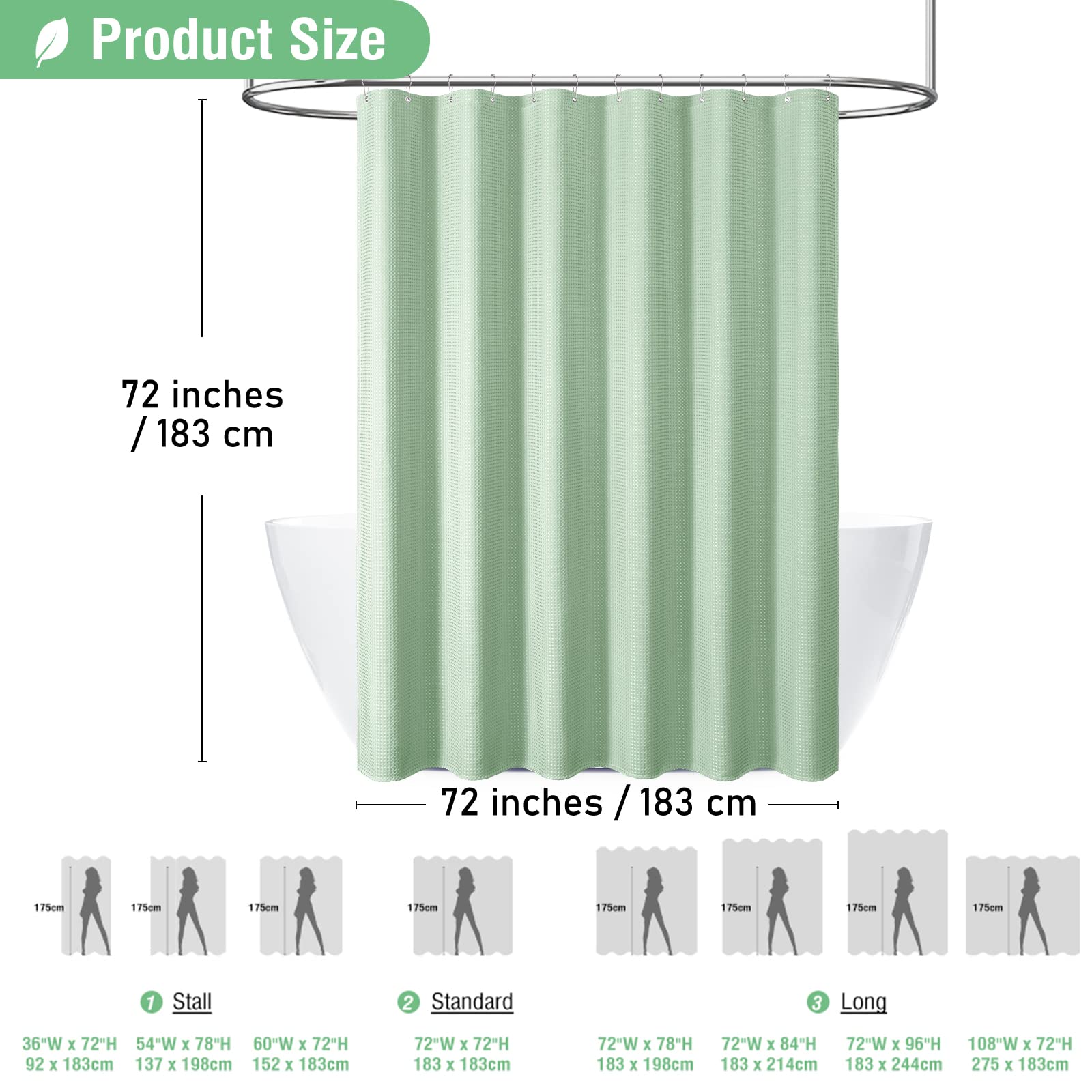 Dynamene Mint Green Fabric Shower Curtain - Waffle Weave Textured Heavy Duty Cloth Shower Curtains For Bathroom, 256Gsm Hotel Lu