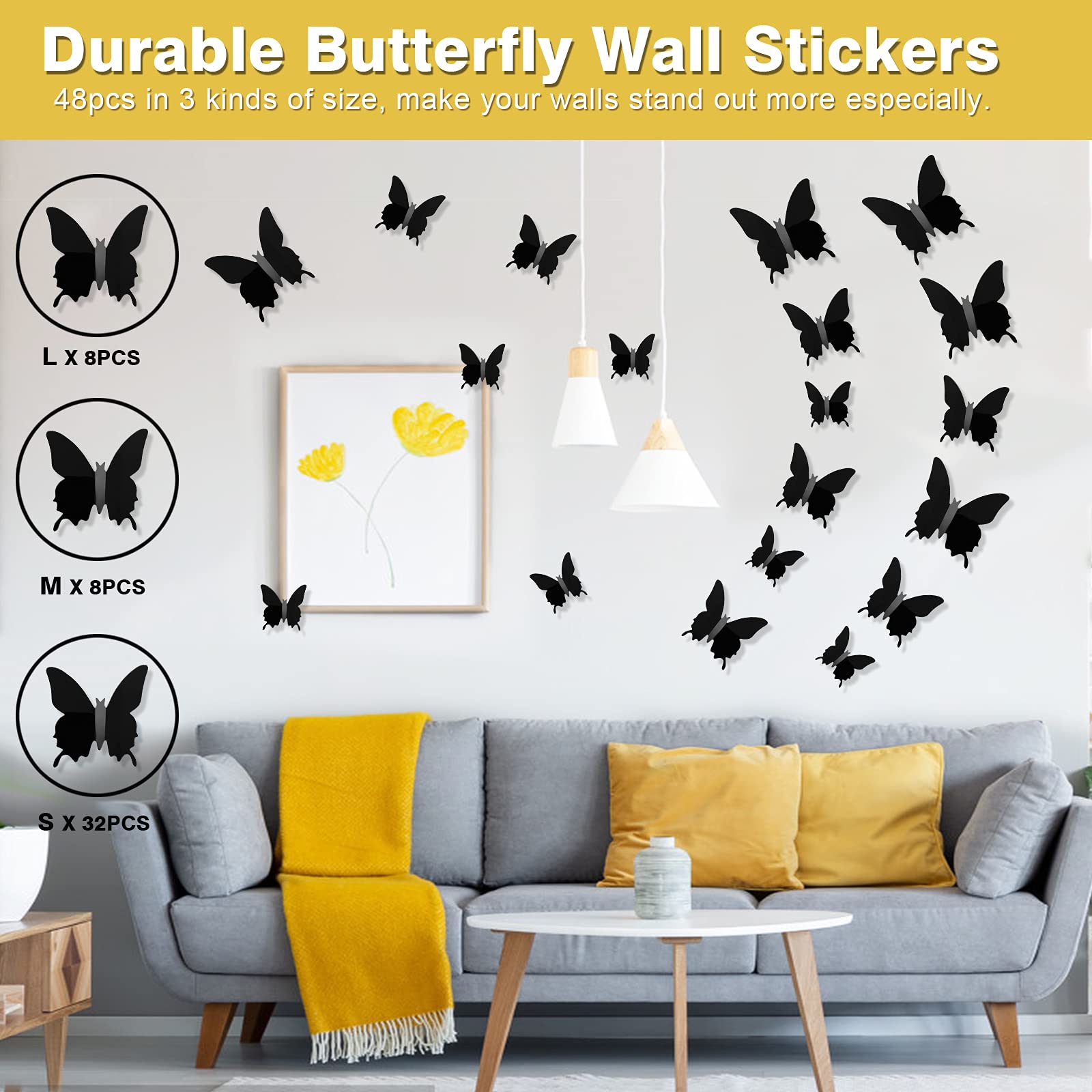 Ryangic 3D Butterfly Wall Decor 48Pcs Black Polished Butterflies Wall Stickers 3 Sizes Durable Butterfly Wall Decals Diy Wall Ar