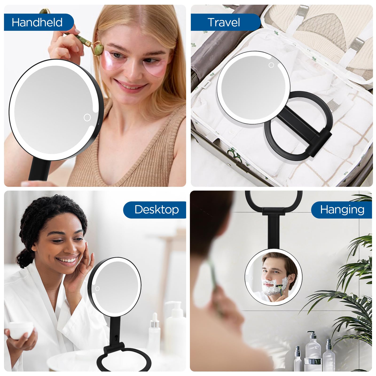 SANYCASA Makeup Mirror with Lights, Magnifying Mirror with Light and Adjustable Brightness, Hanging and Handheld Mirror with Han