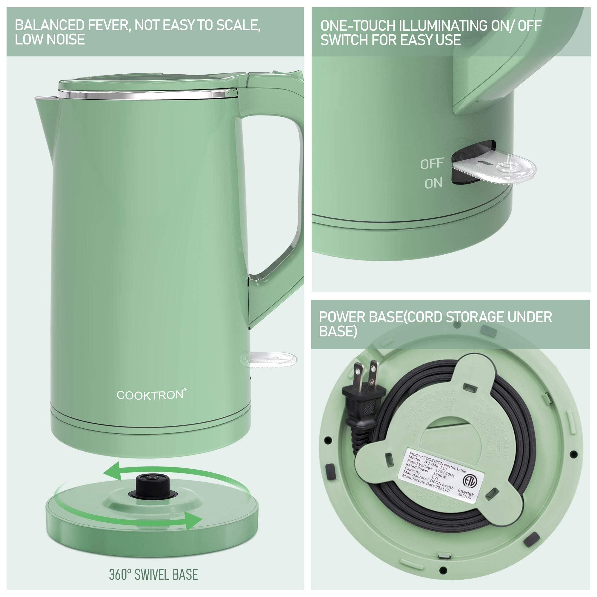 Cooktron 1.7L Electric Kettle Quiet, Double Wall Hot Water Boiler Bpa-Free, Quiet Boil And Cool Touch Tea Kettle, Cordless With