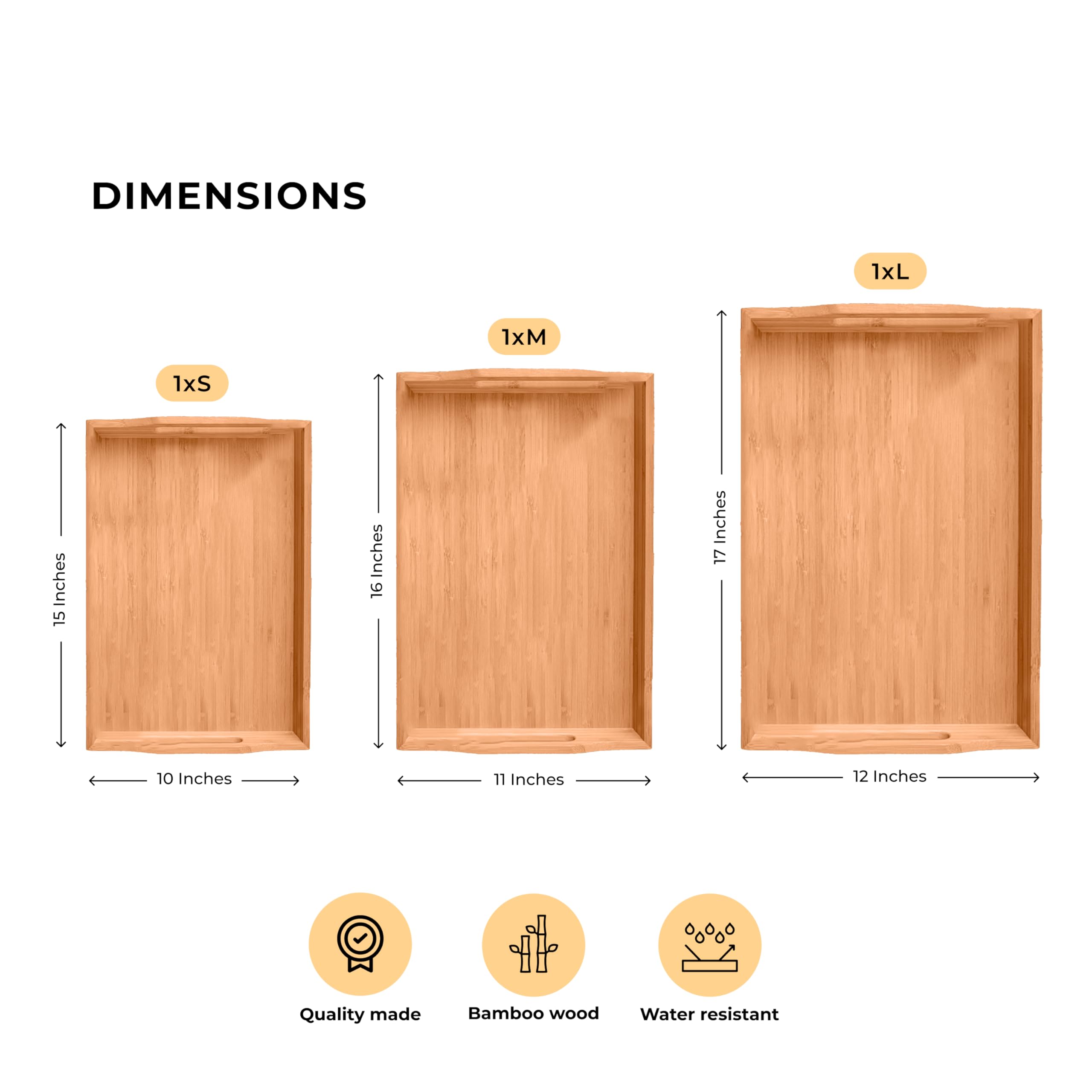 Prosumers Choice 3-Piece Set Bamboo Serving Trays With Handles - With Sizes, 1Xs (38.1X25.4X4.9Cm), 1Xm (40.6X28.0X4.9Cm), 1Xl (
